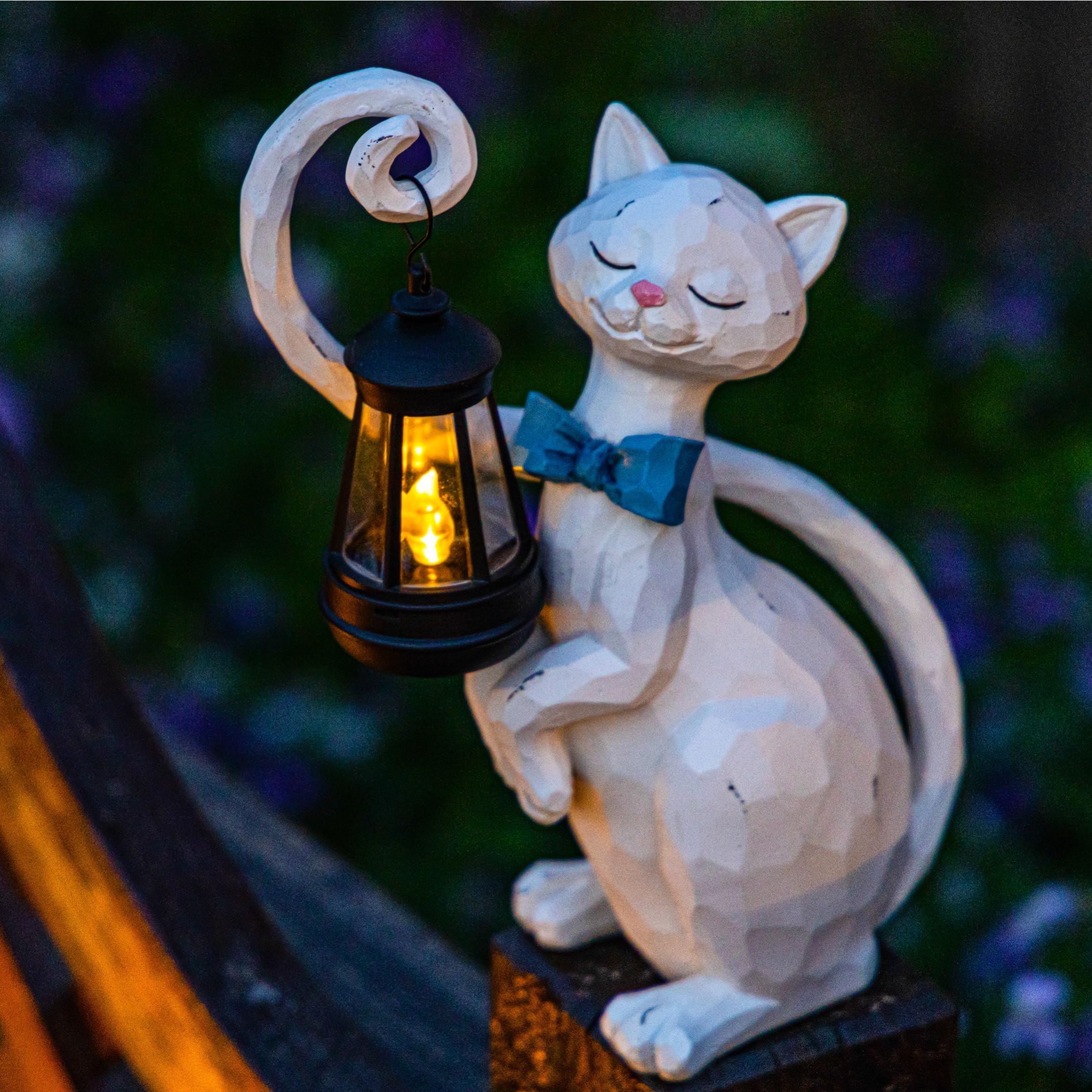 WHIMSYNOOK 10.7 White Cat Solar Garden Light Statue - Outdoor Garden & Yard Decor, LED Lantern, Gift for Cat Lovers