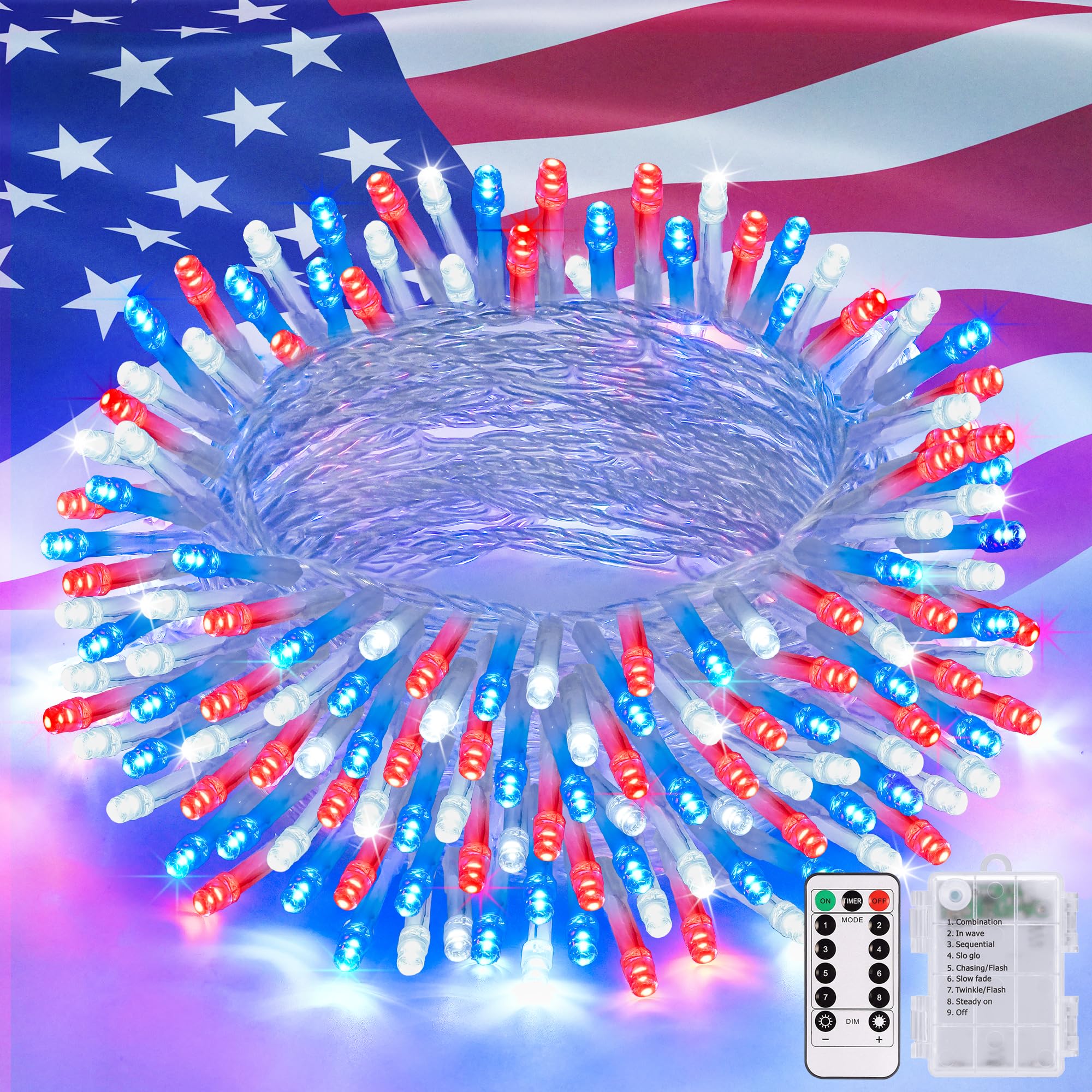 JMEXSUSS 33ft 100 LED Red White and Blue Lights Outdoor  4th of July Lights Battery Operated with Remote  8 Modes Patriotic Decorations for Indoor Outside Independence Day American Flag Holiday