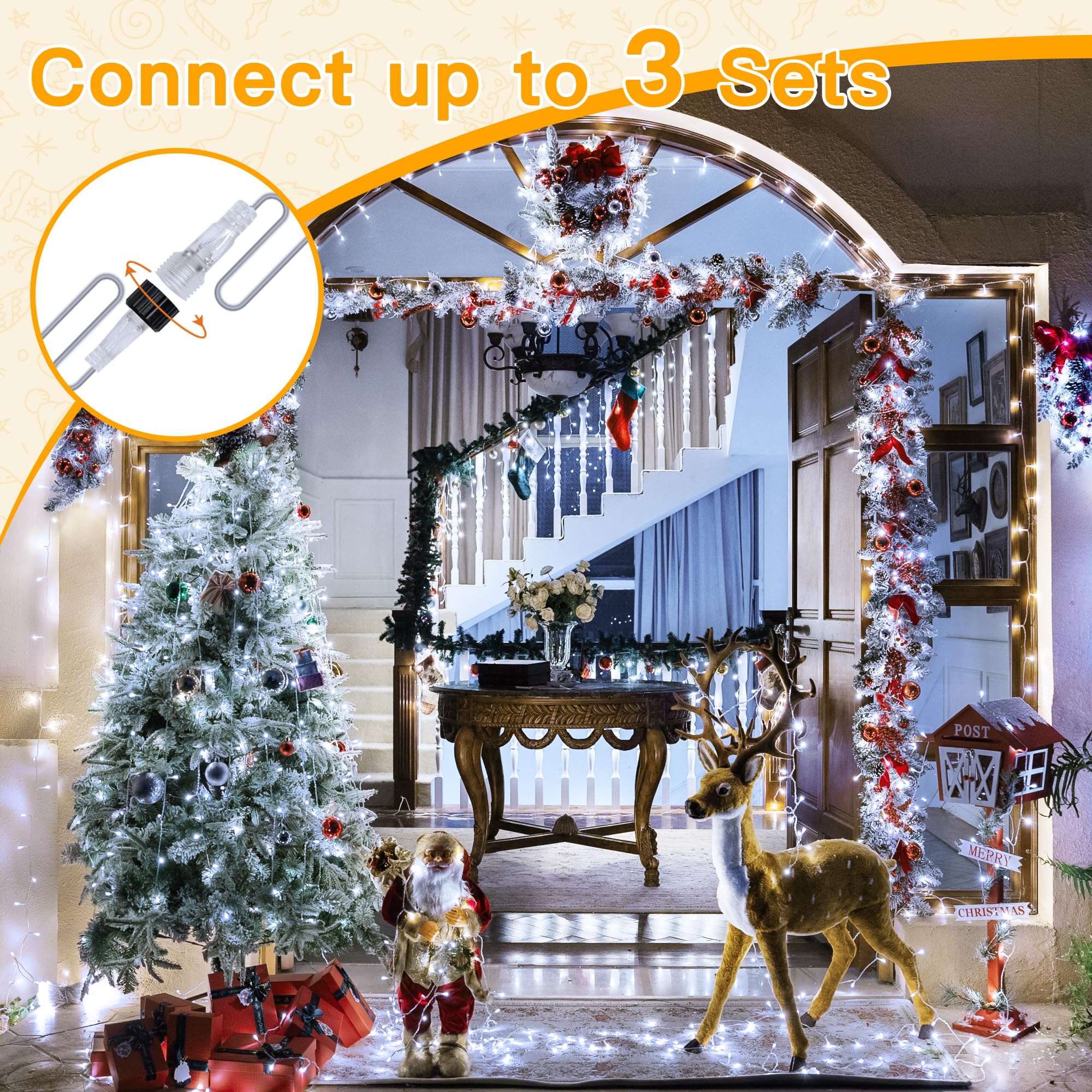 Ollny Christmas Lights Outdoor 200Led 60Ft, Cool White Connectable Plug In Fairy Light Indoor, 8 Modes Waterproof Timer Plug In Led String Lights For House Outside Bedroom Patio Balcony