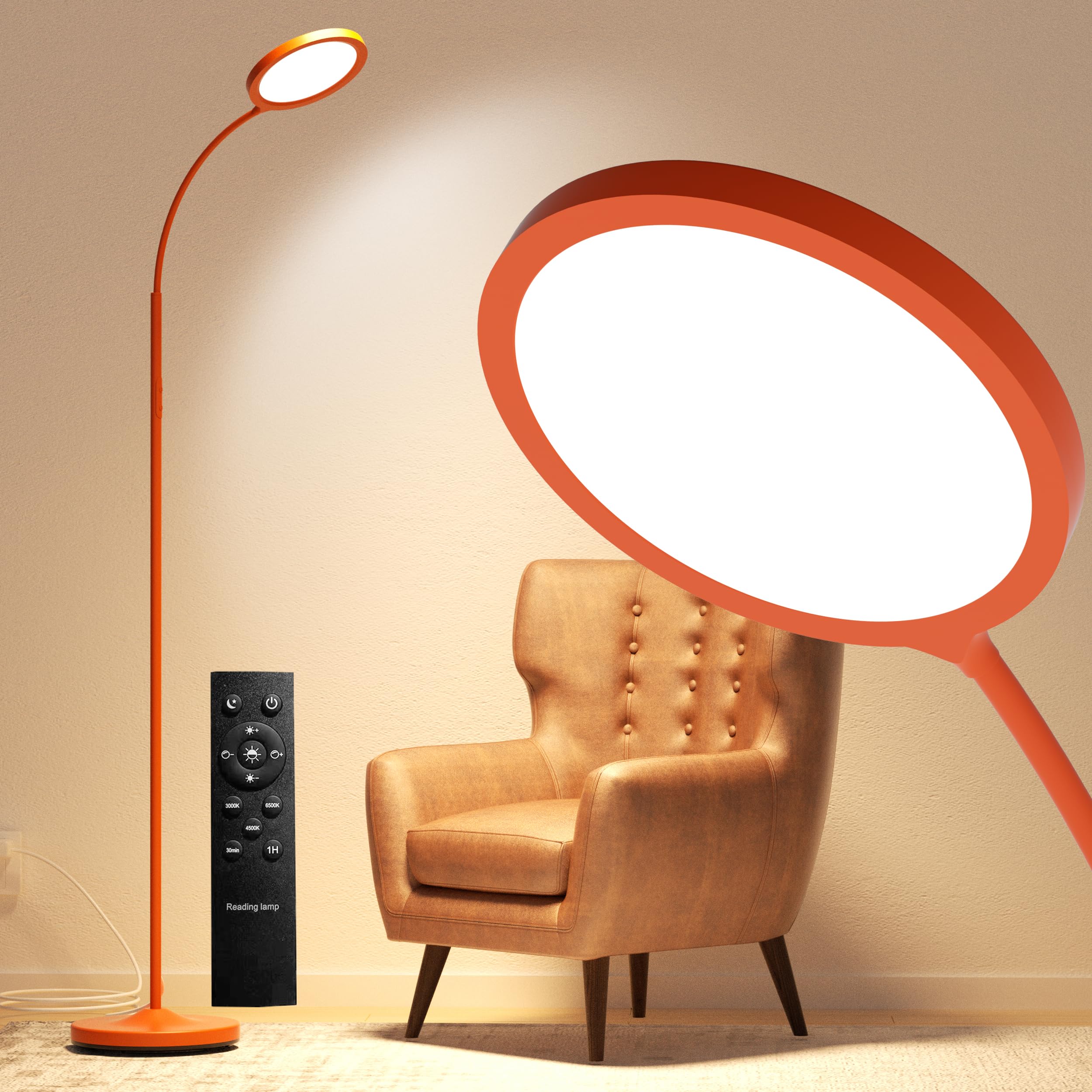 luckystyle Orange Floor Lamp,Super Bright Dimmable LED Lamps for Living Room, Custom Color Temperature Standing Lamp with Remote Push Button, Adjustable Gooseneck Reading Floor Lamp for Bedroom Office