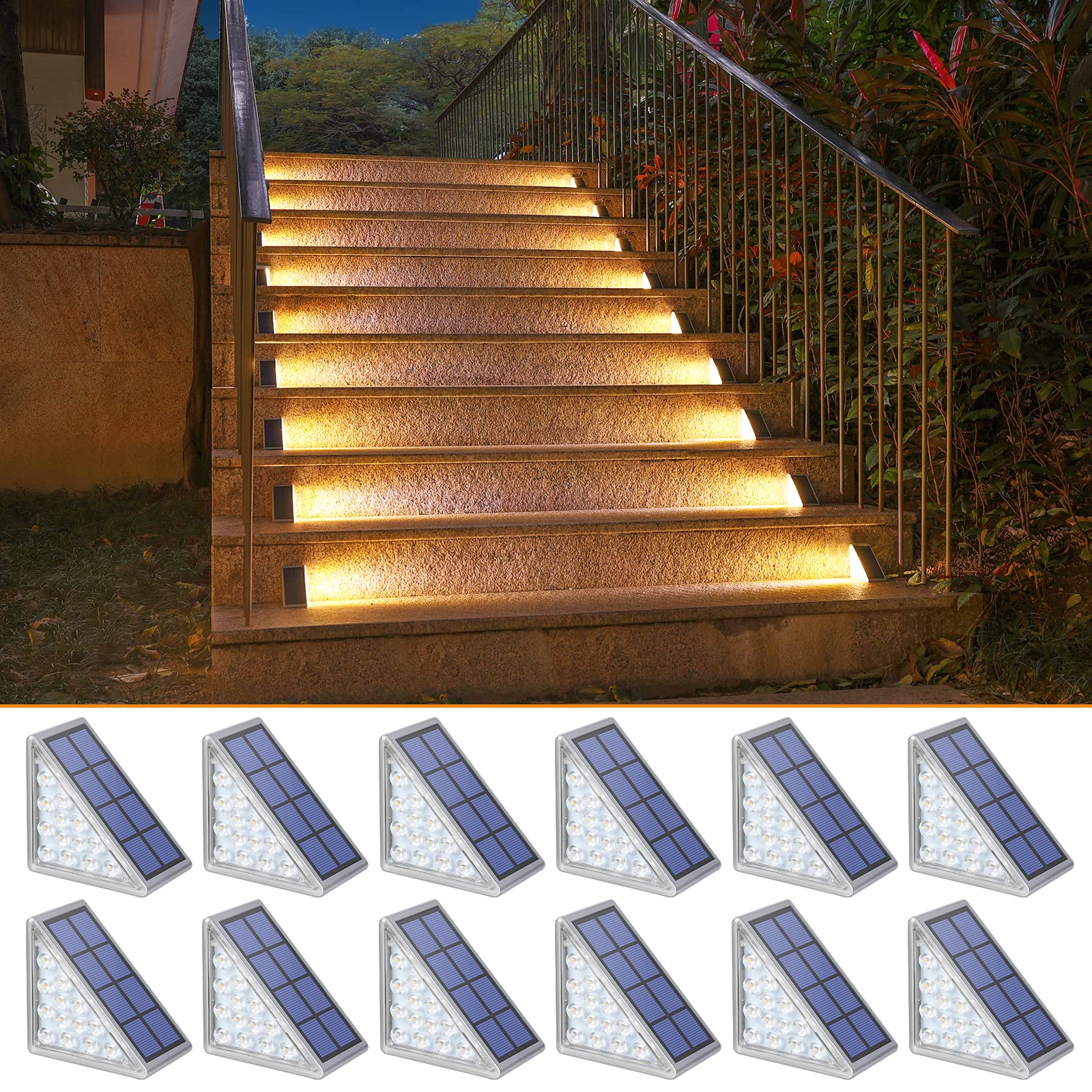 Niorsun Solar Step Lights - 12 Pack Warm White Waterproof Stair Lights, Ip67, Auto On/Off, For Outdoor Steps, Patio, Yard, Porch, Deck Decor
