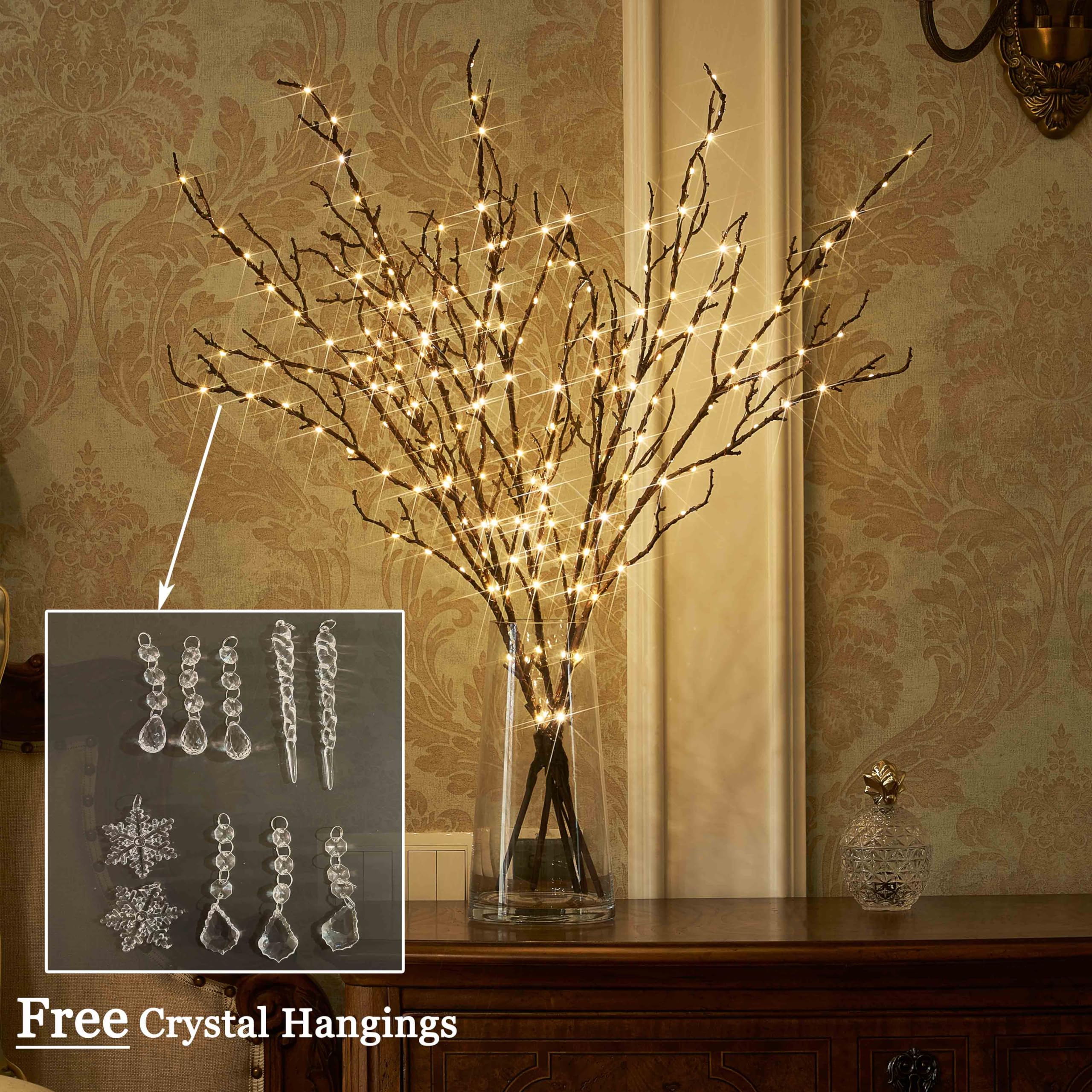 Hairui Lighted Brown Twig Branches - 32in 200 LED Fairy Lights, Indoor/Outdoor Decoration, Plastic Material