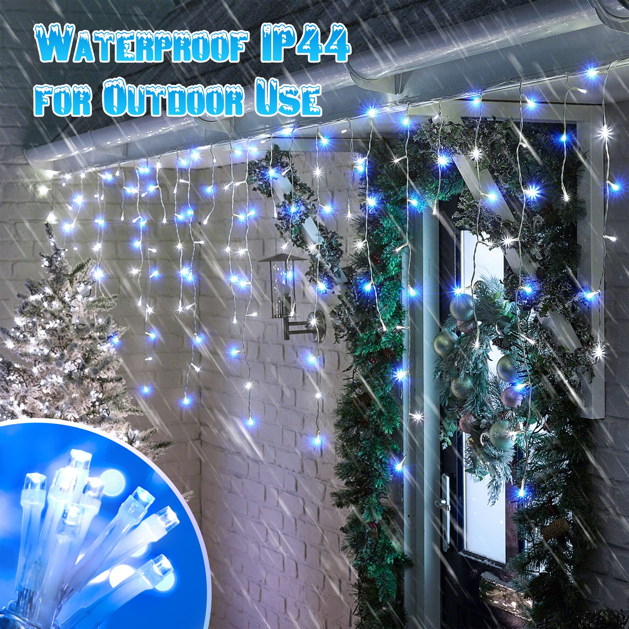 Toodour White & Blue Christmas Icicle Lights, 29.5Ft 360 Led Icicle Lights, 8 Modes, 60 Drops, Window Curtain Led Christmas Lights, Icicle Twinkle Lights For Eaves, Party, Wedding, Christmas Decors