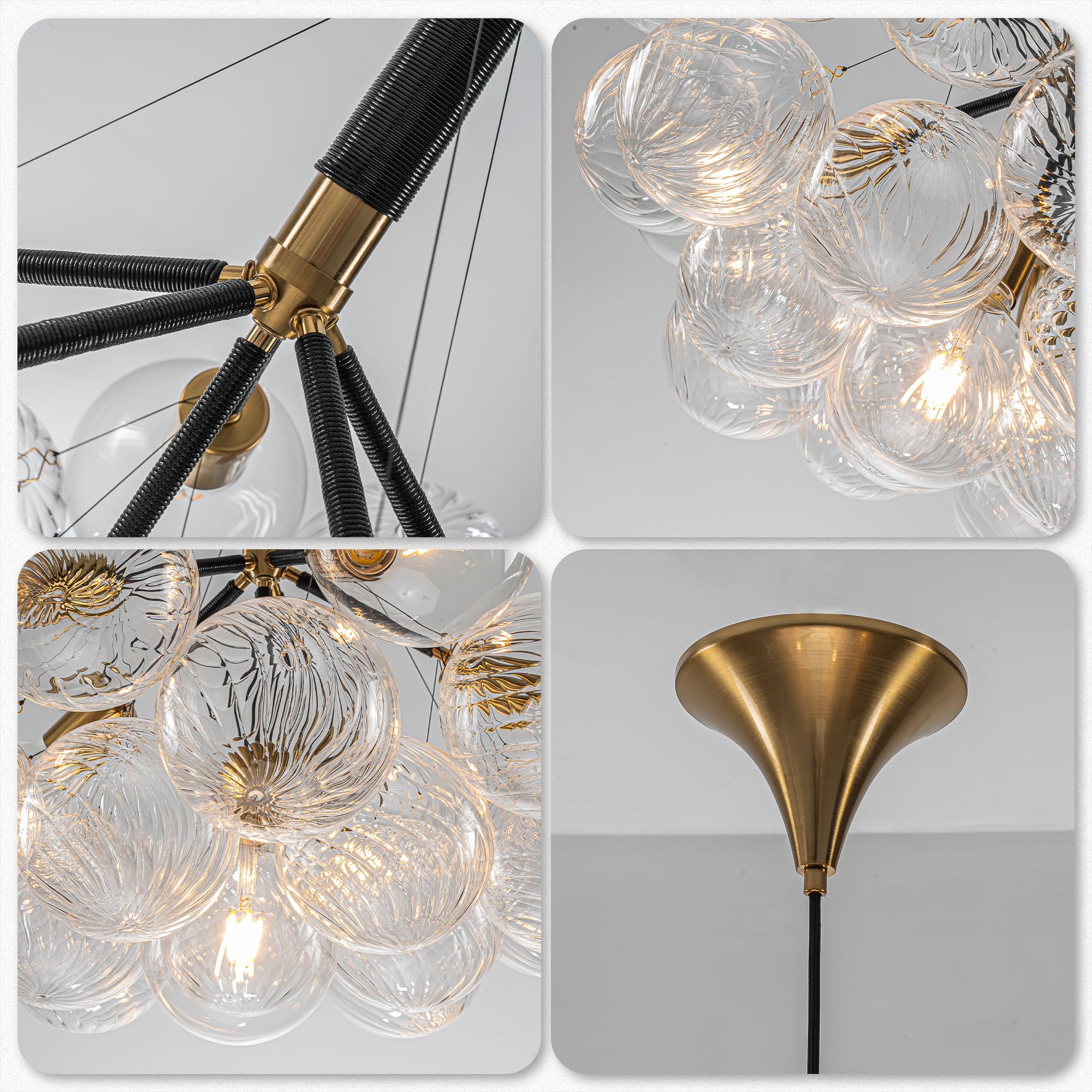 Longree Modern Bubble Ball Swirled Glass Chandelier, Dia 24 Inch Black And Clear Globe Blown Glass Small Ceiling Lights Fixture
