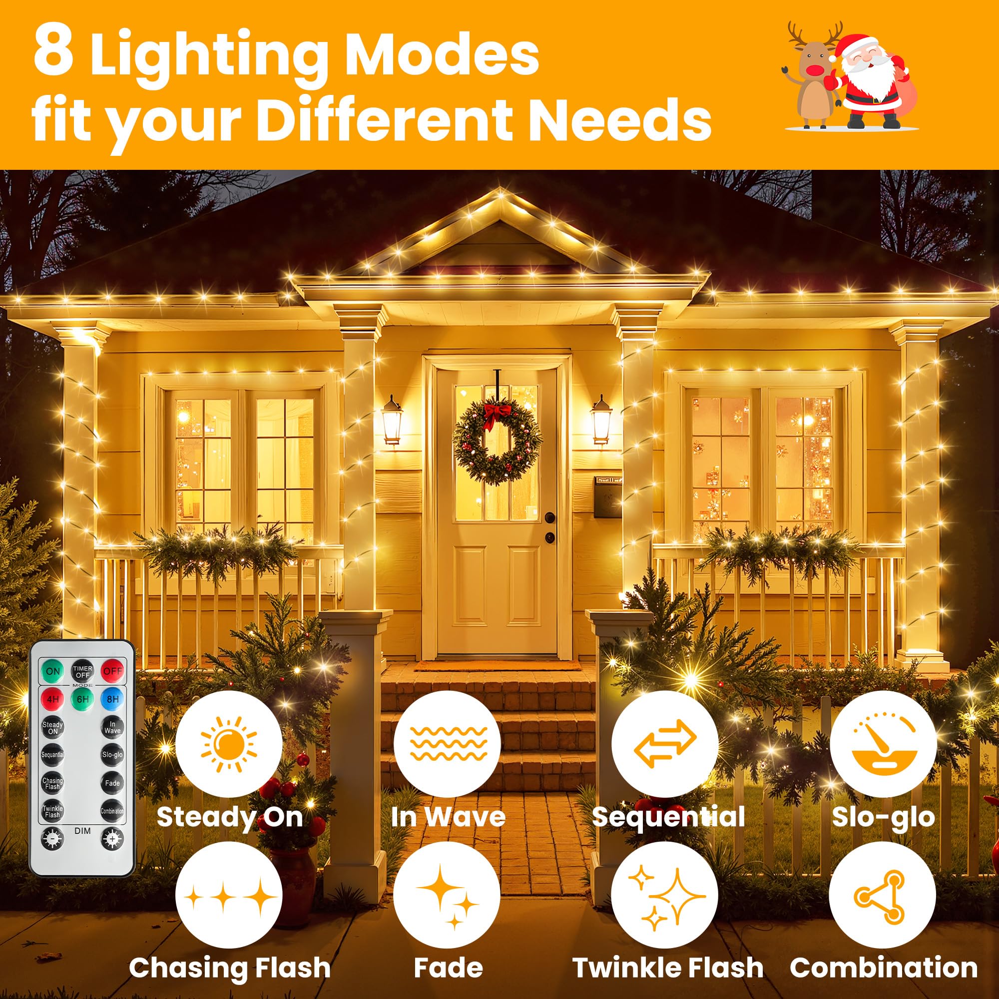 Larkvue 394FT LED String Lights - Waterproof, Dimmable, 8 Modes, Warm White, Model JT-EL/FC, with Remote & Timer Function