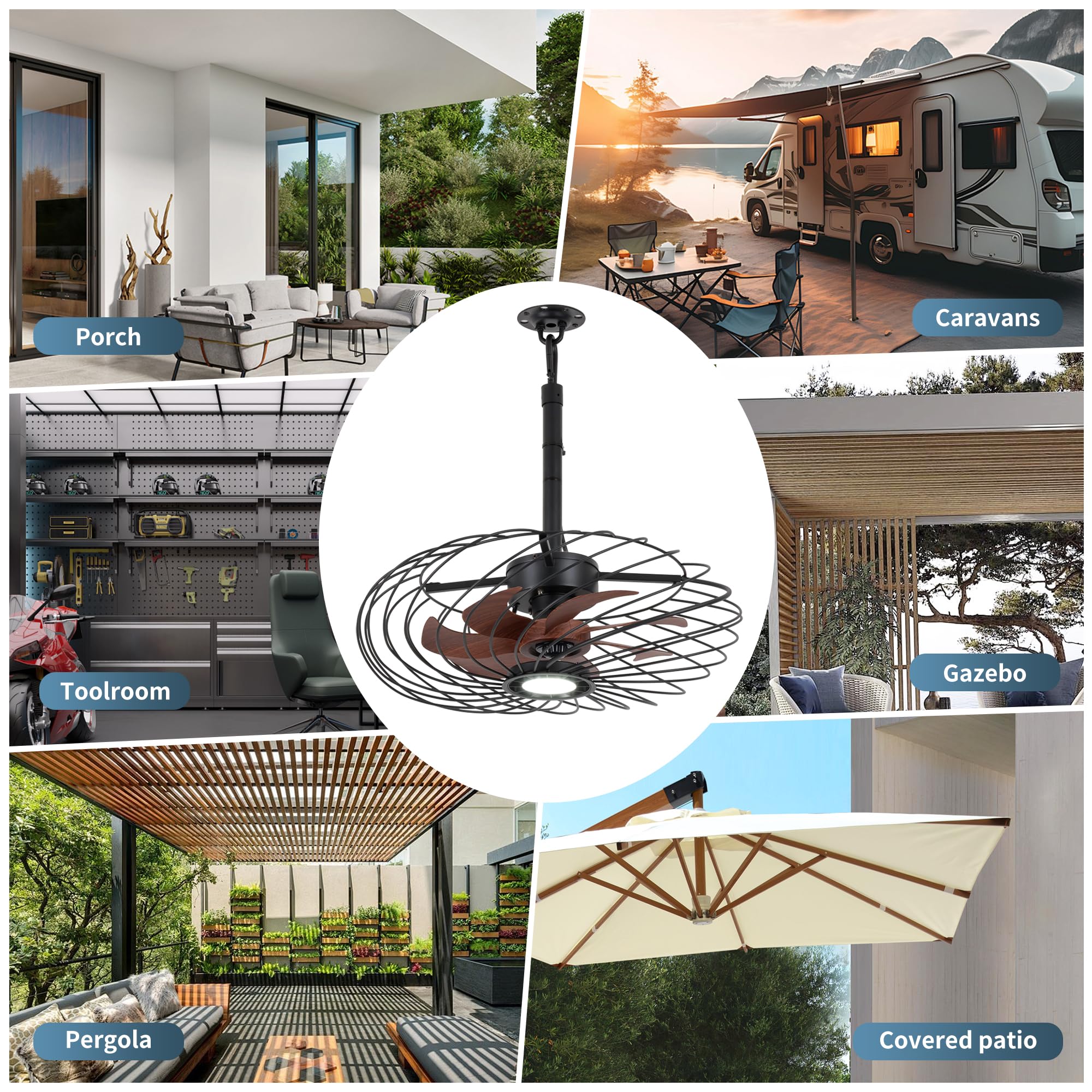 OSGNER 20" Black Outdoor Ceiling Fan with Light, Waterproof, Remote Control, Dimmable LED, Iron Material, Model F429-20-BK