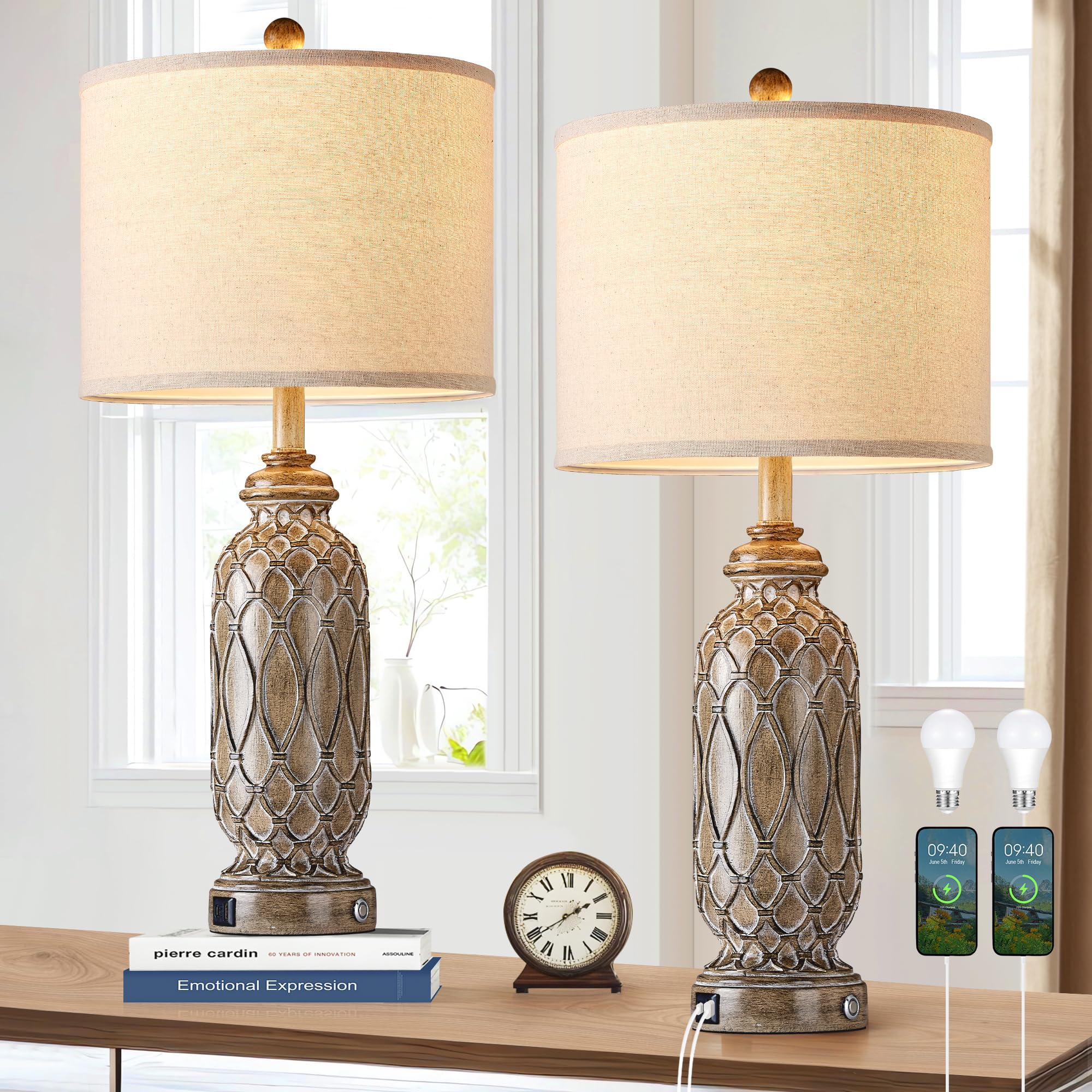 SRJJRS Farmhouse Lamps for Living Room Set of 2, 28'' Table Lamps for Bedroom with USB Ports, 3-Way Dimmable Nightstand Table La