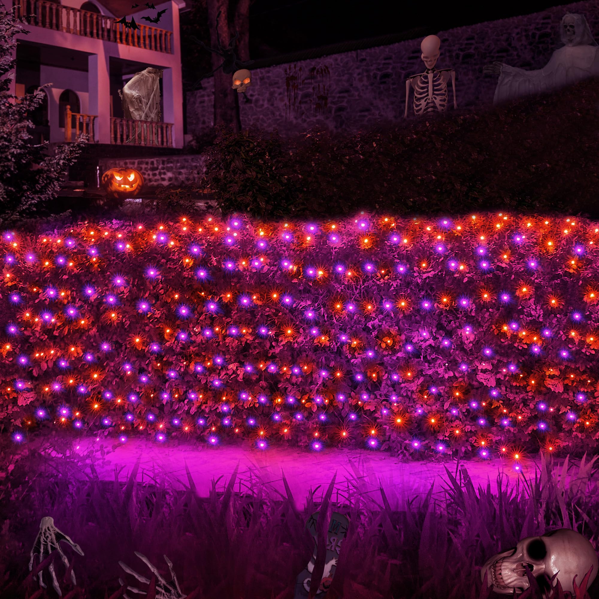 Wbao Halloween Lights Outdoor 200Led 8.4Ft X 5.2Ft Orange Purple Halloween Net Lights With 8 Modes  Timer  Connectable  Waterproof & Dark Green Wire For Lawn  Bushes  Trees  Outdoor Holiday Decor