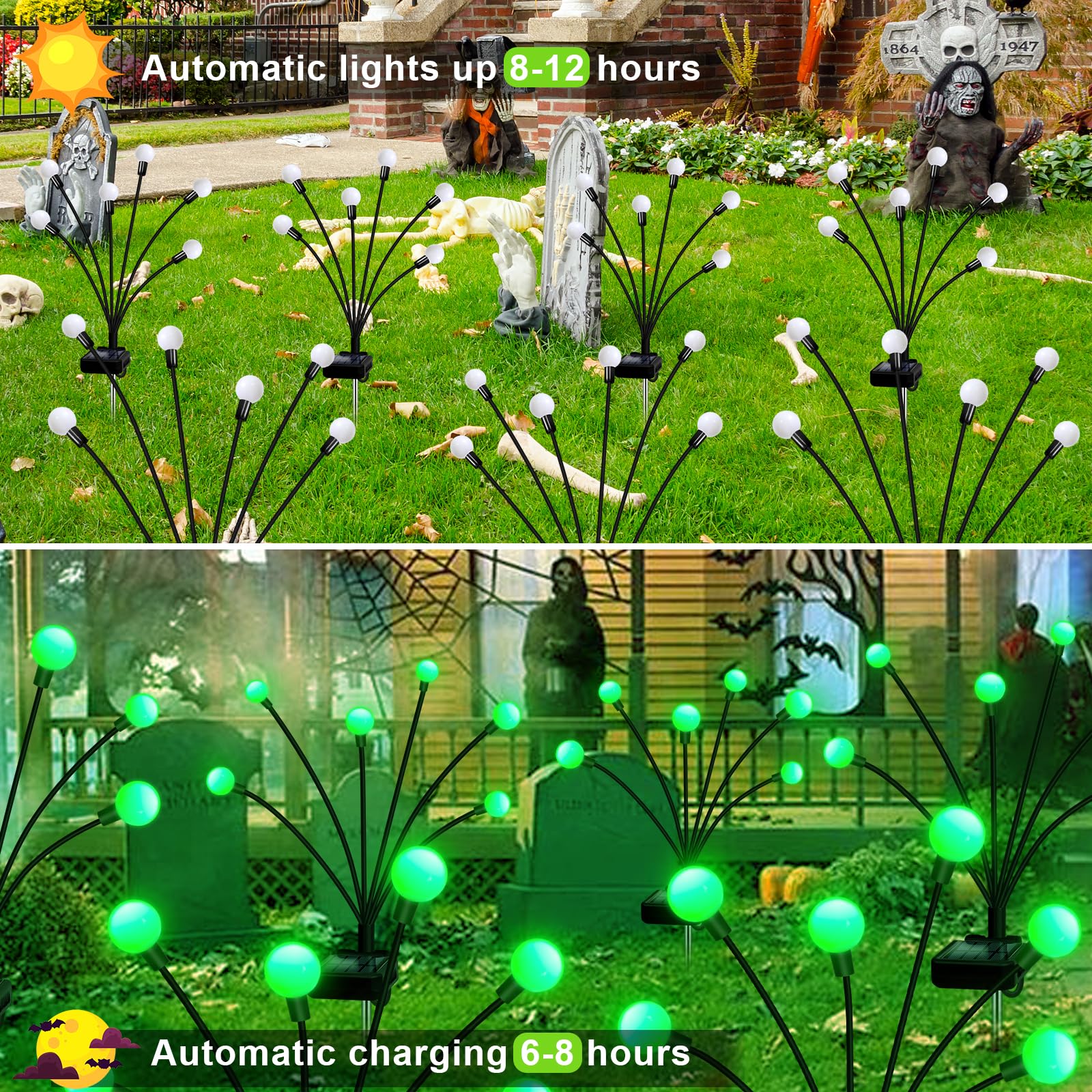ZFNN Solar Firefly Lights, 4 Pack 24 LED Green Garden Decor, Outdoor Waterproof for Yard and Pathway, Model GreenYHC-4pack