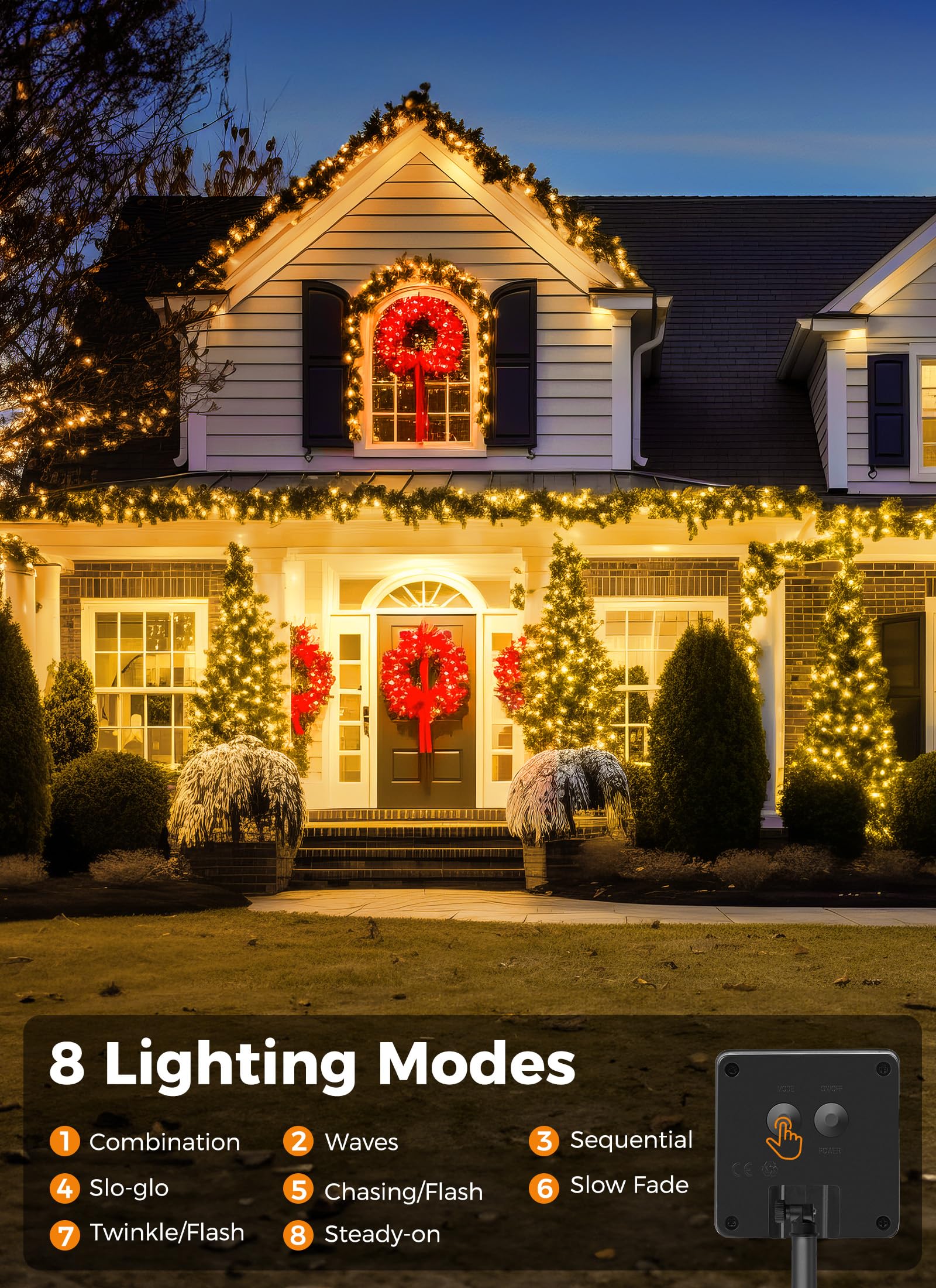 Minetom 40 FT Solar String Lights - 100 LED Warm White Outdoor Lights, IP65 Waterproof, 8 Lighting Modes for Tree Party Decor