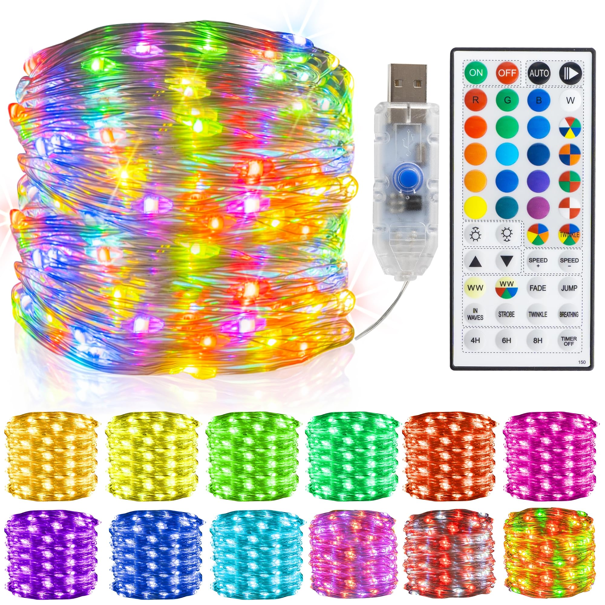 Dazzle Bright 32.8 FT RGB Copper Wire Fairy Lights, 100 LED USB String Lights with Remote & Timer, Waterproof Indoor Outdoor Decoration for Christmas, Party, Wedding