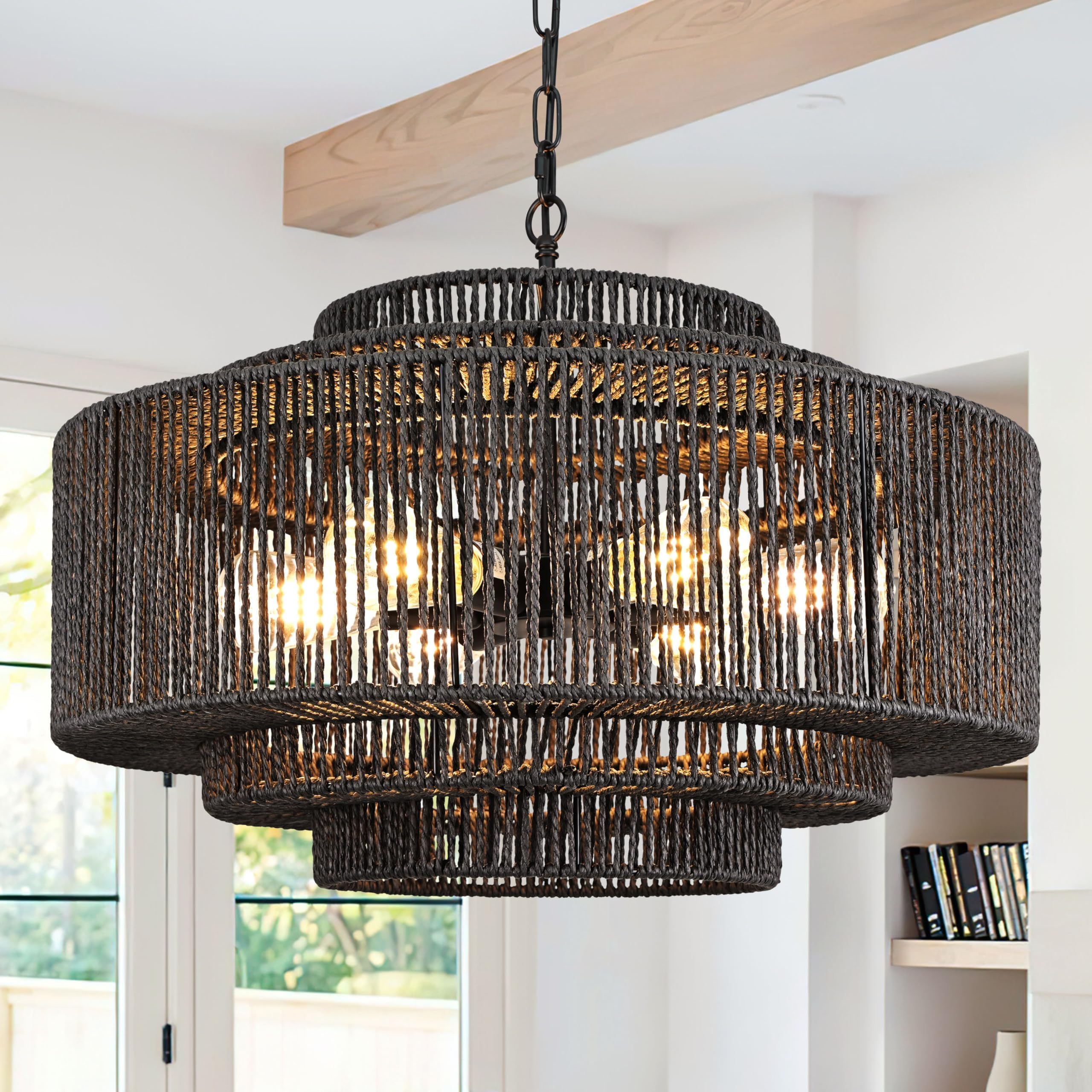 Bagood 24'' Rattan Pendant Light Black Rattan Chandelier Light Fixture 3-Tier Hand-Woven Rattan Chandelier Wicker Pendant Light 