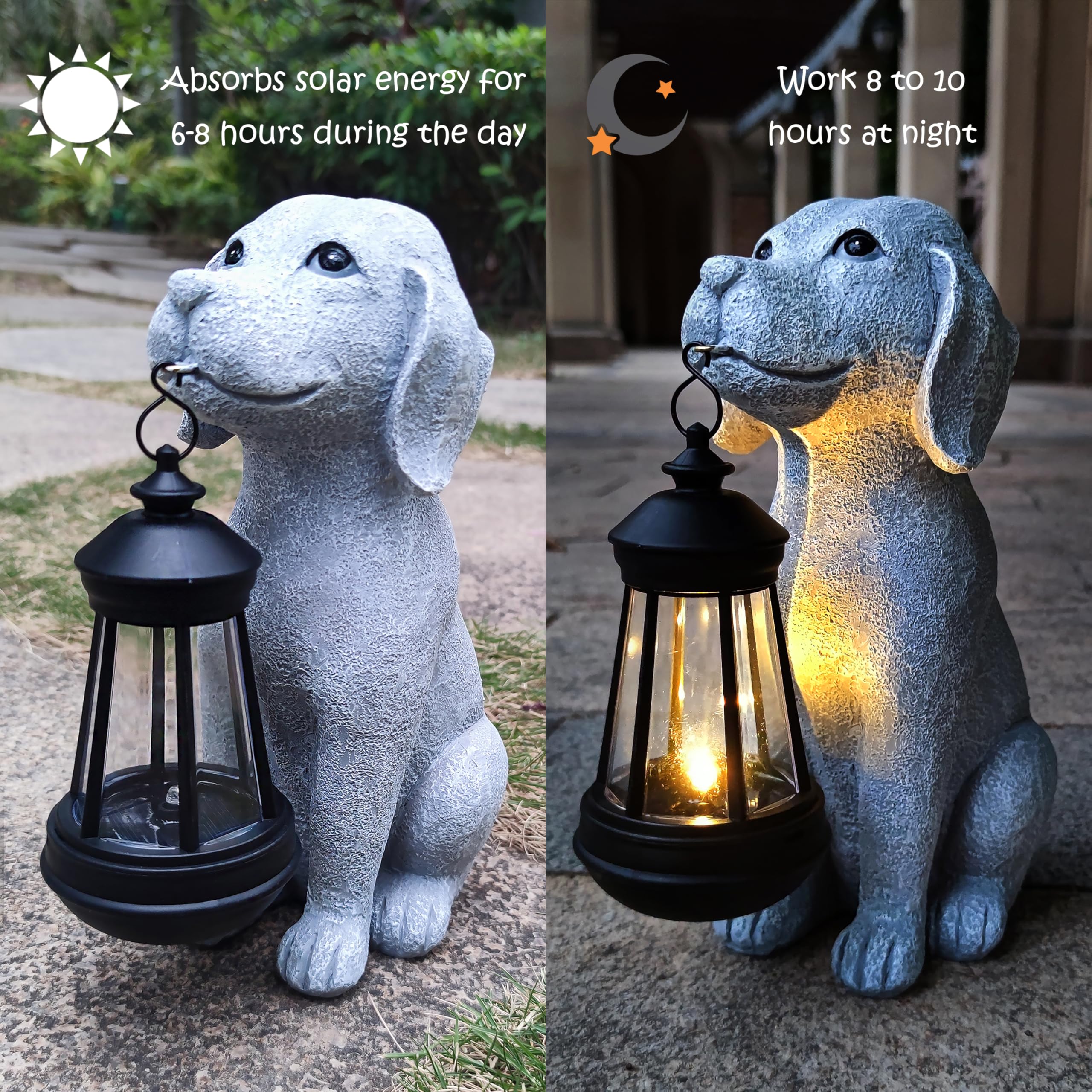 Dog Solar Garden Statues,Resin Dog Figurine Decorations With Solar Lights Lantern, Outdoor Decor Art For Lawn,Yard,Unique Housew