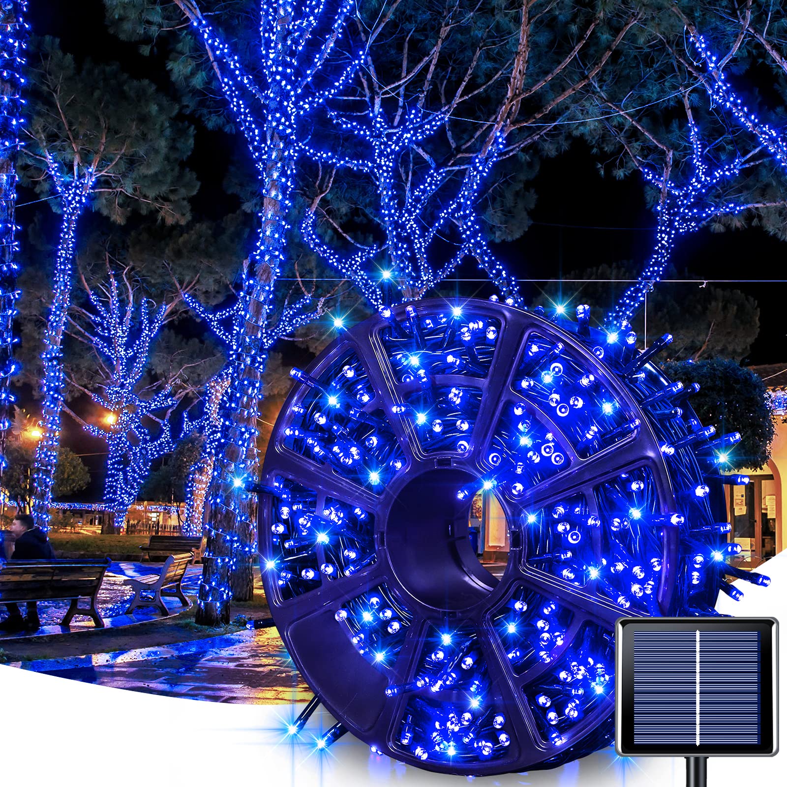 JMEXSUSS 600 LED Blue Solar Christmas Lights, 206.7ft Blue Christmas Lights Outdoor Waterproof, 8 Modes Solar Lights Outdoor for Christmas Tree Decorations Garden Party Tree Bushes Xams
