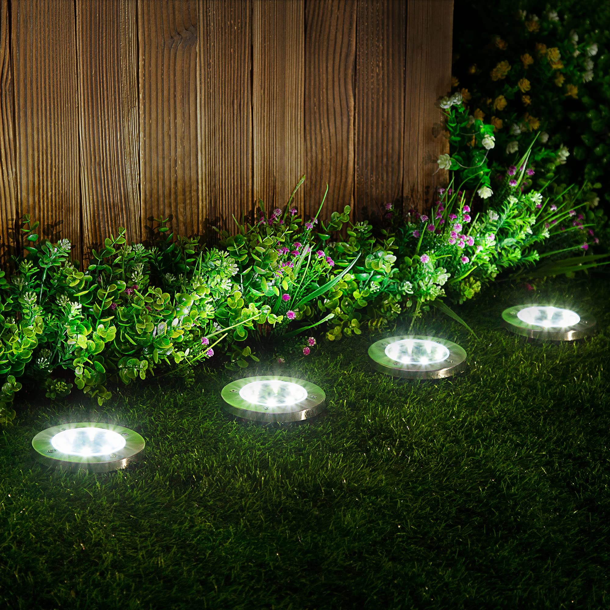 SOLPEX Solar Ground Lights, 12 Pack, Waterproof 8 LED Disk Lights for Outdoor Garden, Stainless Steel, White, Model 8627