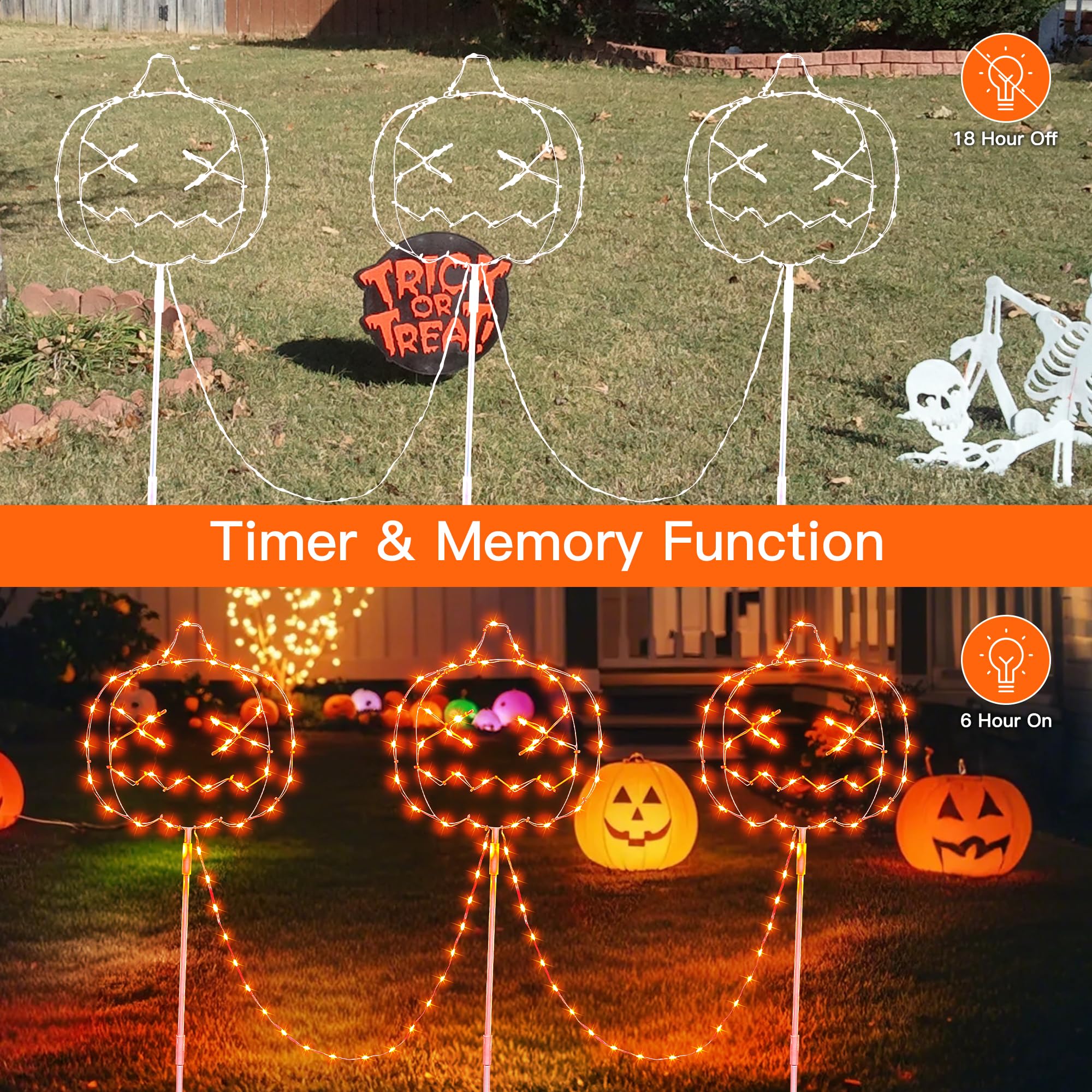Hopolon Halloween Walkway Lights, 3-Pack Orange Pumpkin Stake Lights, IP44 Waterproof, 8 Modes, 163 LED Outdoor Decorations