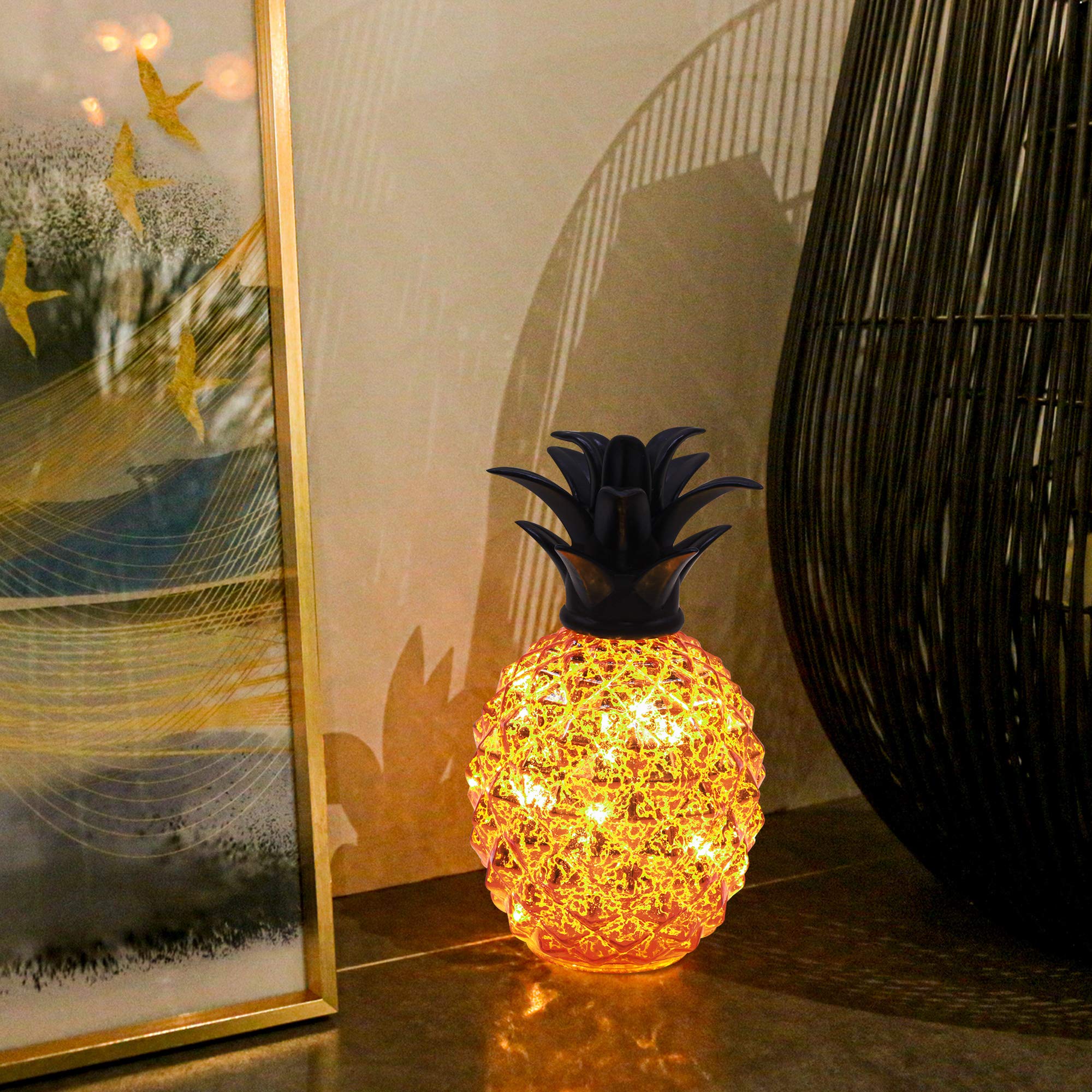 Romingo Pineapple Lamp - 9 Inch Orange Mercury Glass, Battery Operated Night Light with Timer, Perfect Gift for Women
