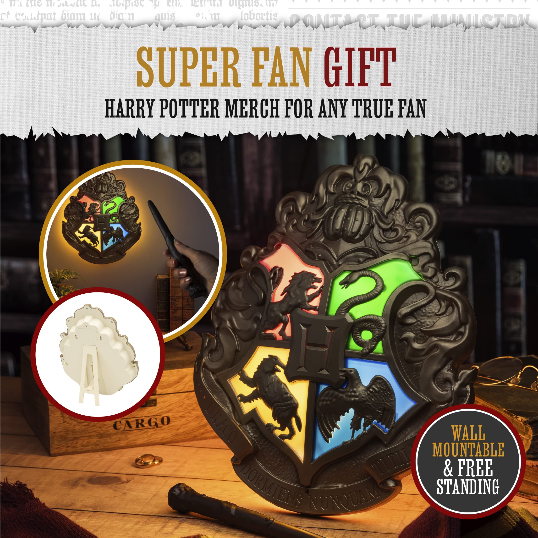 Harry Potter Hogwarts Crest Sign Lamp with Noble Wand Remote Control - Wall Decor or Stand-Alone Collectible Gifts for Fans