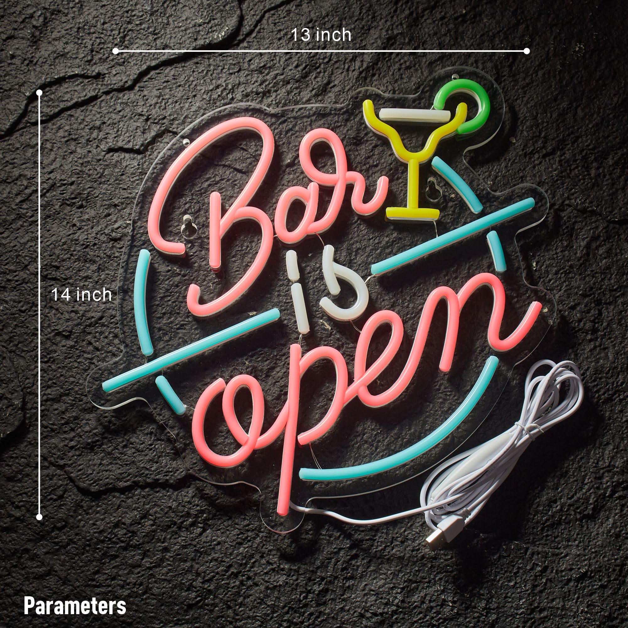 NEONLAND Bar Open Neon Sign LED Light for Wall Decor, Dimmer, 14.2inx13in, Pink/Blue/Yellow, Model: NEONLAND Bar is open