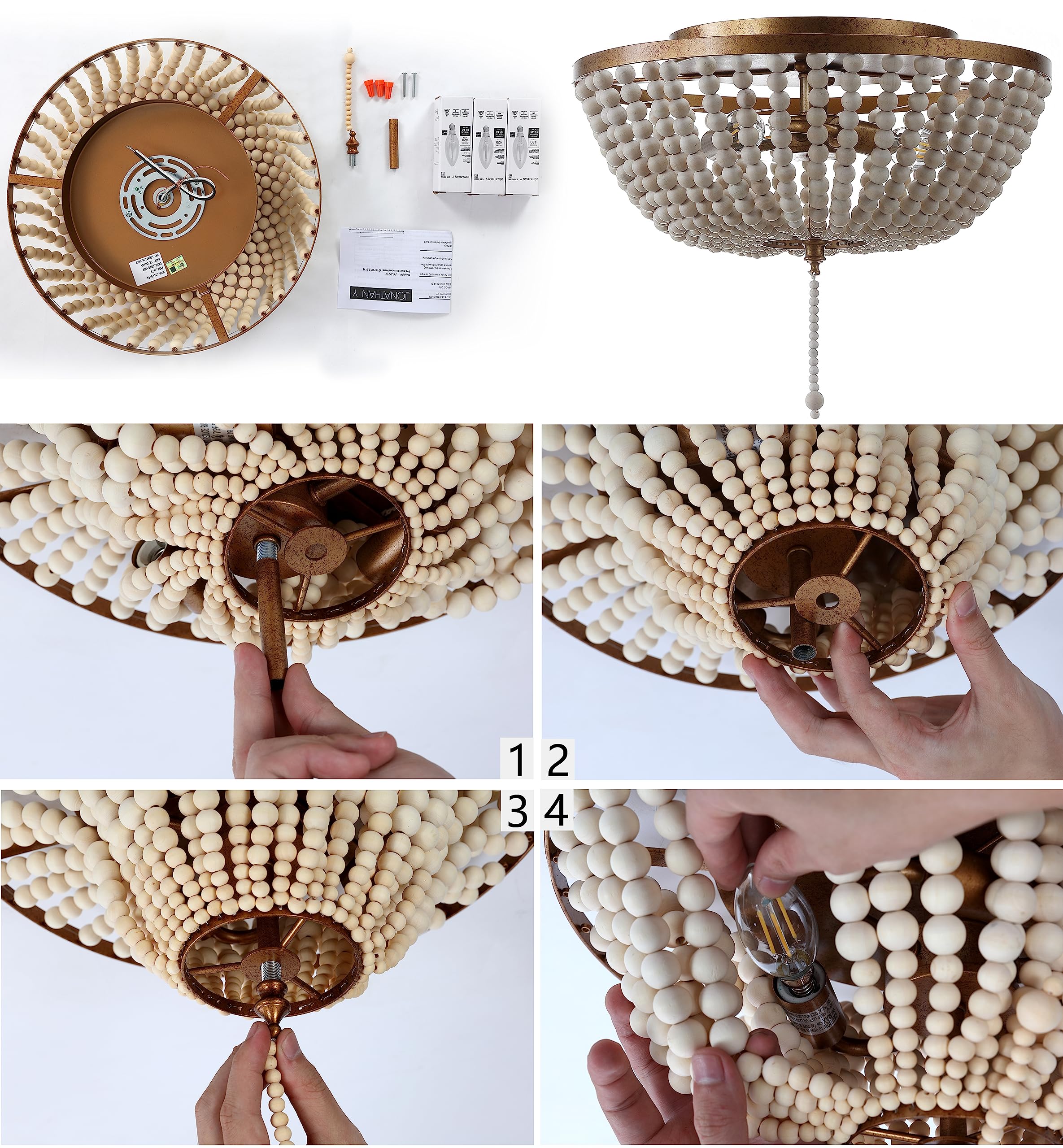 JONATHAN Y LED Flush Mount Light, 15in Wood Beaded/Metal, Antique Gold, Model JYL9019A, Contemporary/Transitional Design for Bedroom/Living Room/Office