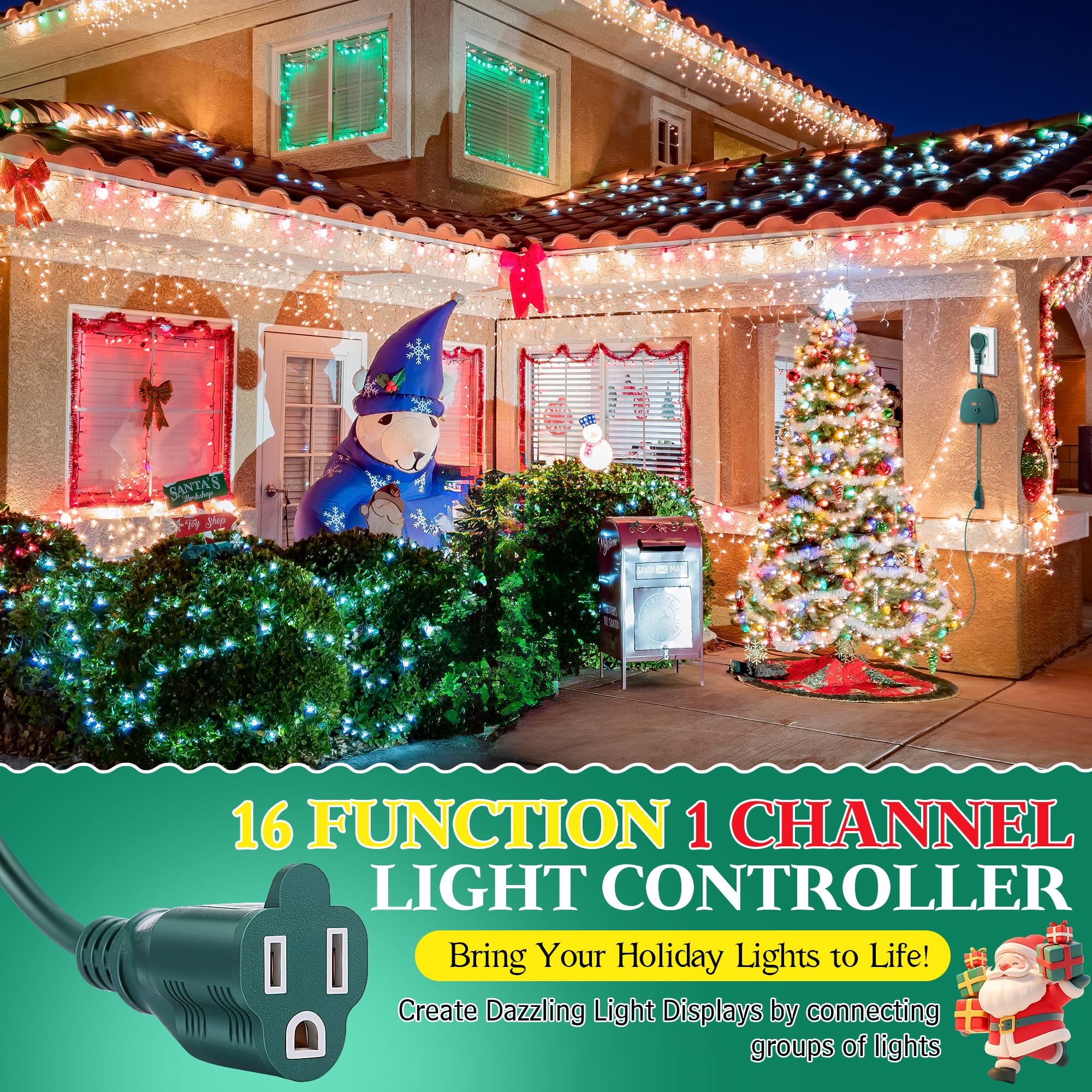 Christmas Light Controller With Remote  Create Dazzling Lighting Displays With Multiple Functions  Timer  Dusk To Dawn Sensor  Adjust Speed For Christmas Outdoor String Light (1 Channel  16 Functions)
