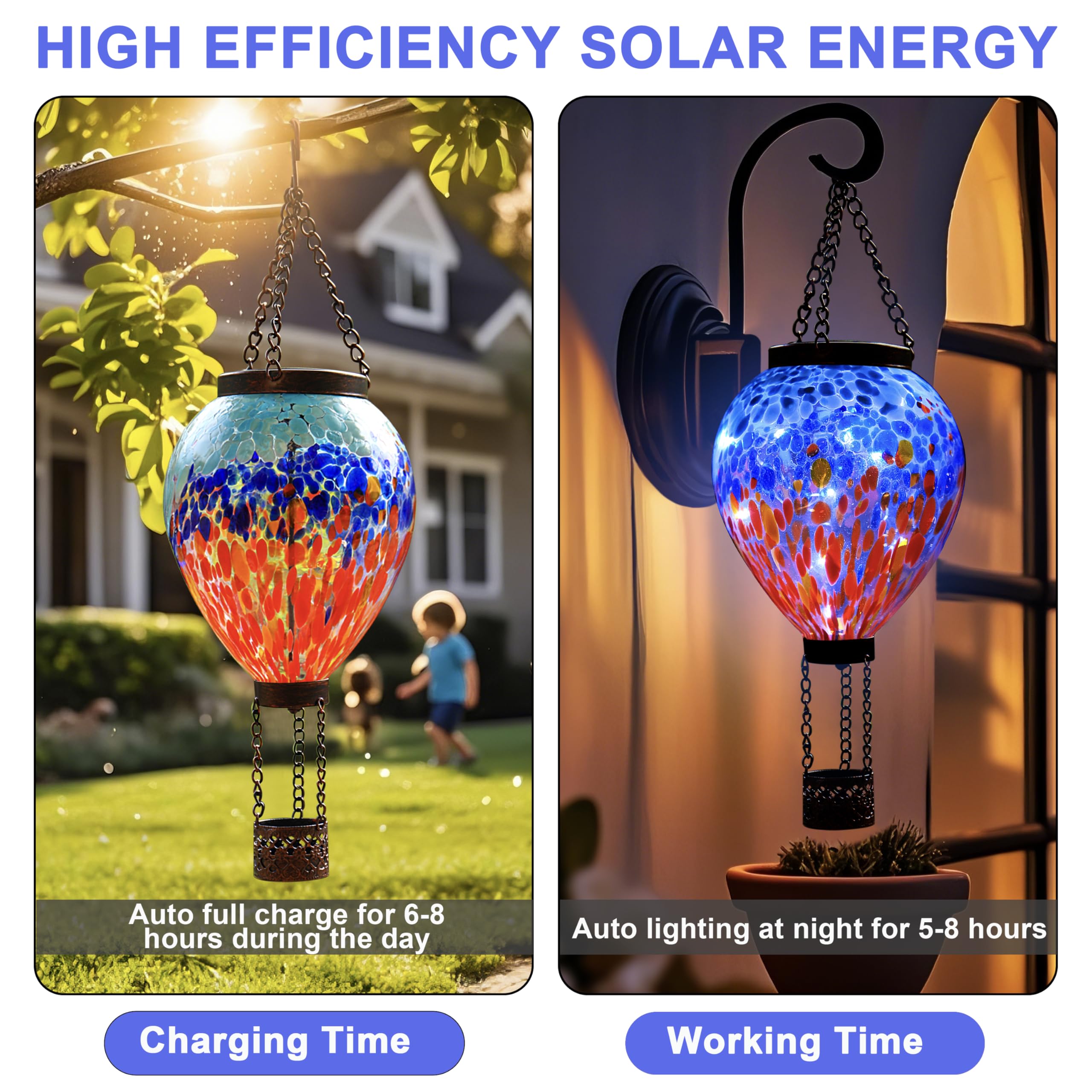 Voreen Solar Hot Air Balloon Light - Handblown Colored Glass Outdoor Hanging Lantern For Garden  Patio  Balcony Decor - Waterproof  Fade-Resistant Led Light  Gift For Mom Wife Friend  Nature Lovers