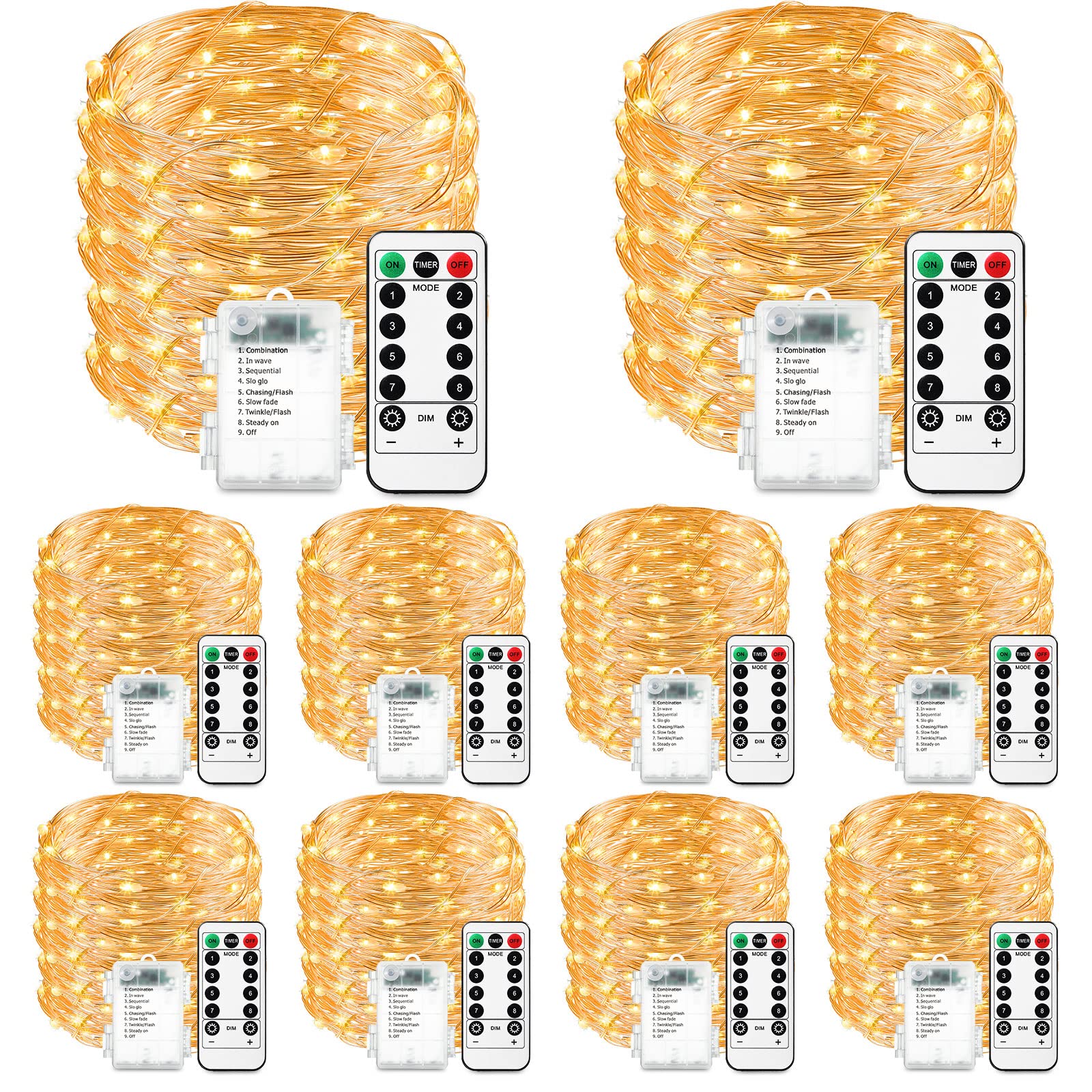 Tuanse 10 Pack Fairy String Lights, 16.4 ft, 50 LED, Warm White, Copper Wire, Battery Operated, Timer Function for Decor