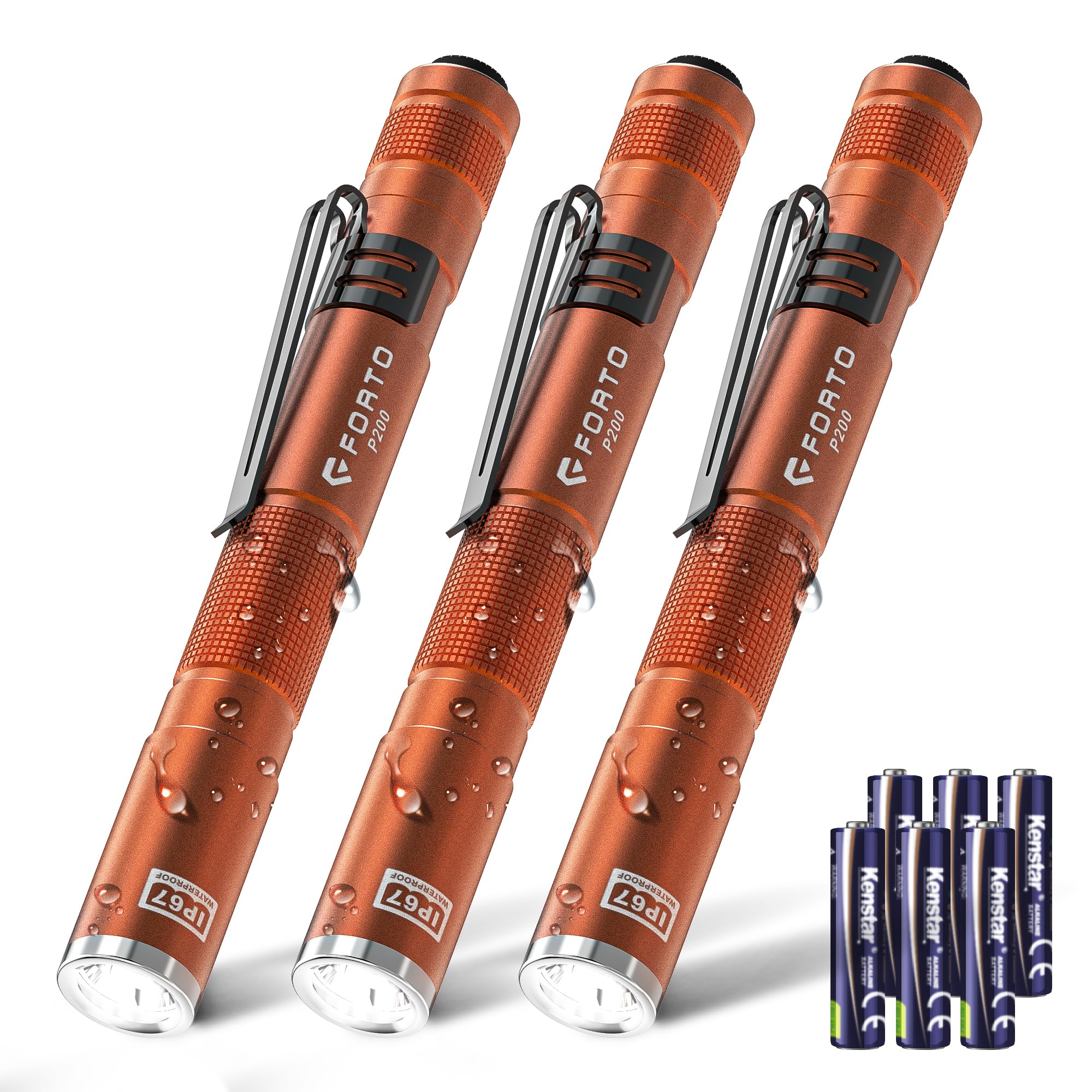 FORTO 3 Pack Pen Light 200 Lumen Pocket Flashlight, IP67 Waterproof and 2 Modes, with AAA Batteries Handheld Flash Lights for In