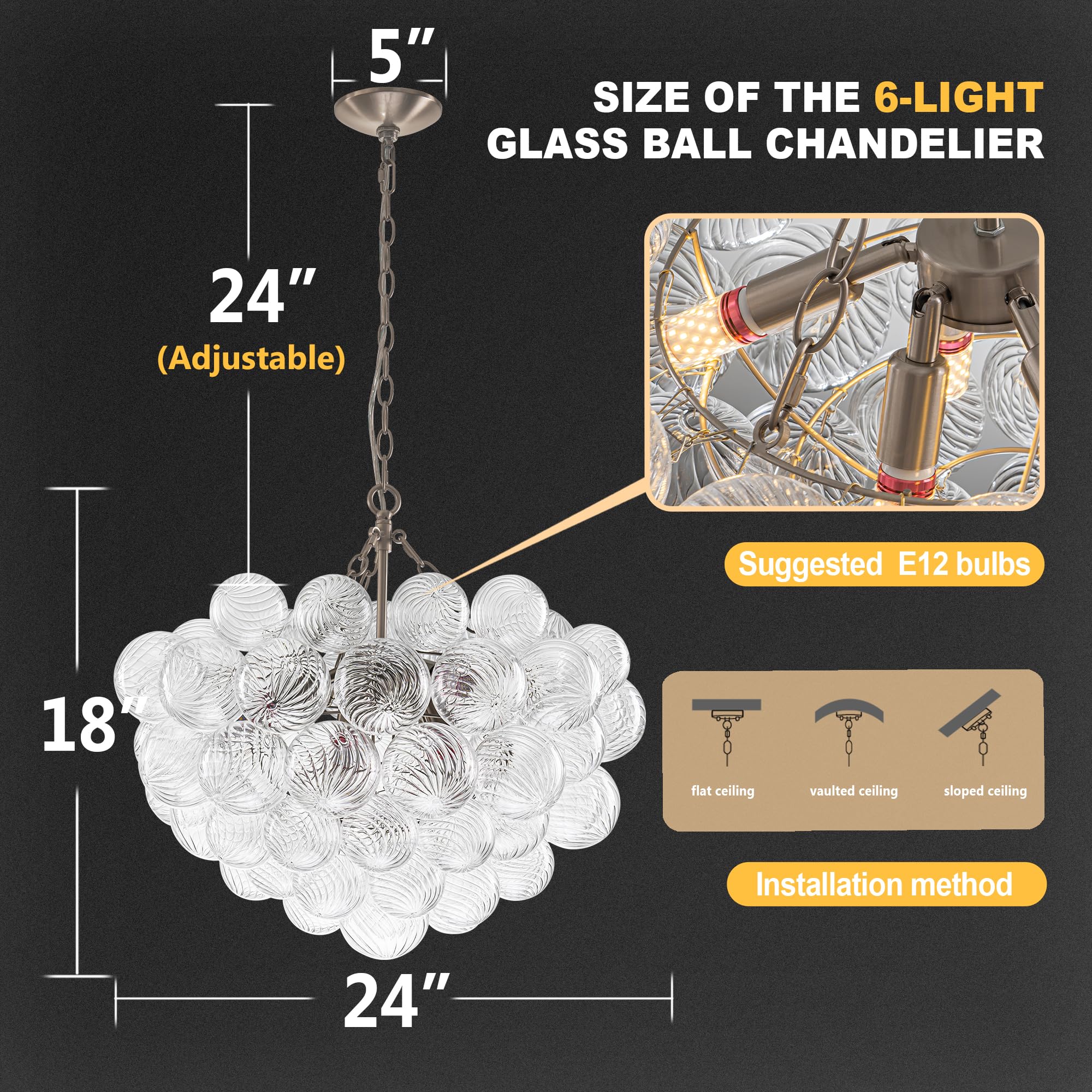 Beypan Bubble Ball Glass Chandelier Brushed Nickel 24'' Dia Clear Ribbed Blown Glass Swirled Globe Pendant Light Fixture For Din