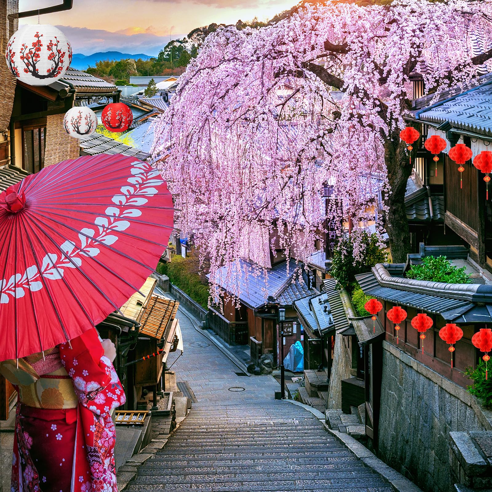 Fumete 20 Pcs 12" Chinese Japanese Paper Lanterns And 8" Red Chinese Lanterns Hibachi Party Decorations Cherry Blossom Decorative Hanging Lanterns For Chinese New Year Home Restaurant(Multicolor)
