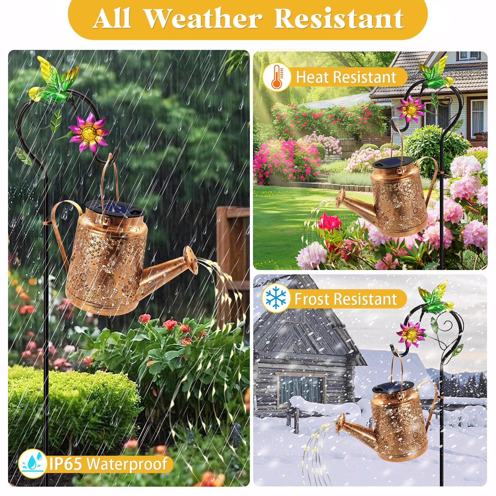 yulloyello Solar Watering Can Lights, Hummingbird Design, Metal, Waterproof Garden Decor, Model XSH6546