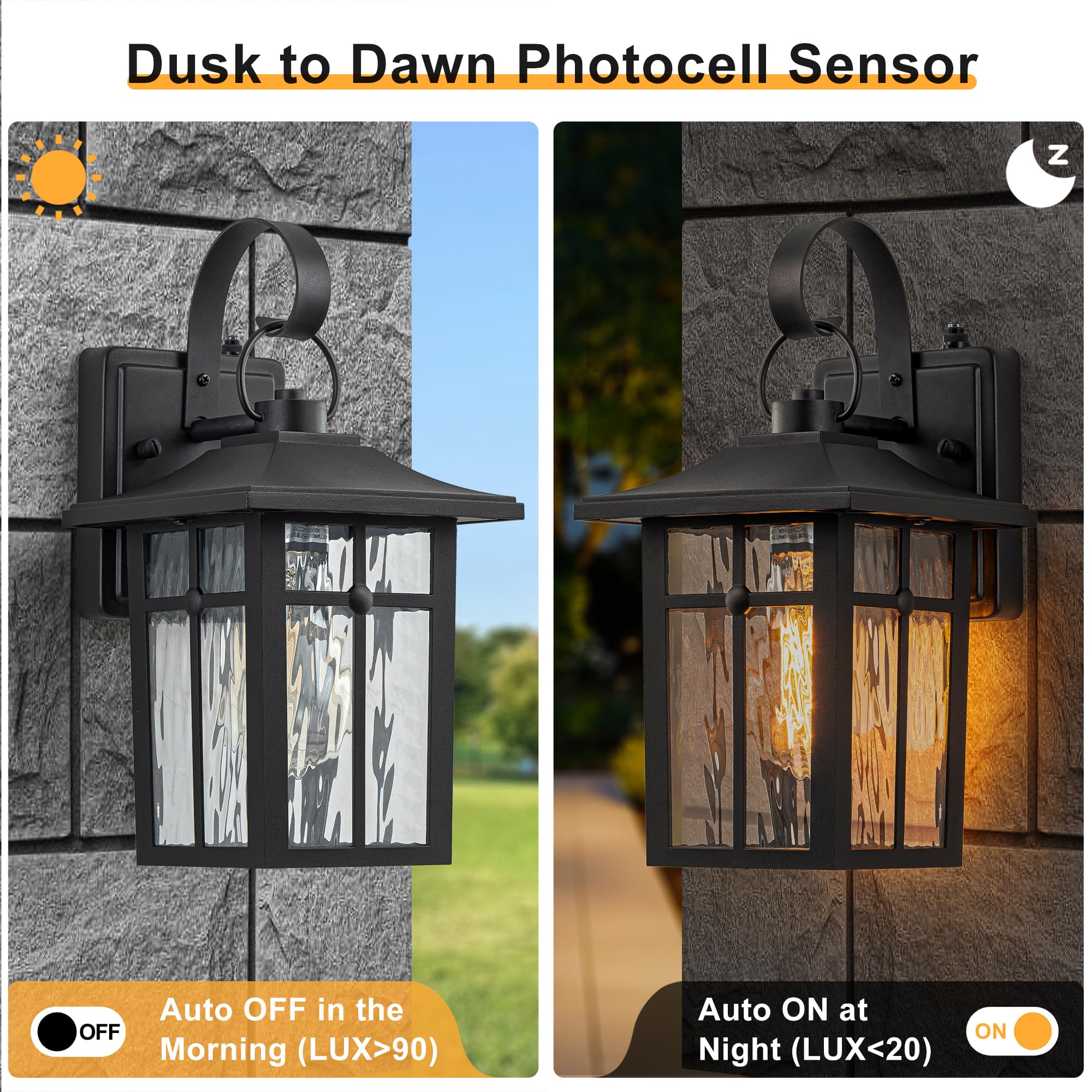 Lawyettle 2 Pack Dusk To Dawn Outdoor Wall Lights, Exterior Light Fixtures Wall Mount With Ripple Glass, Waterproof Black Porch Lights, Outside Wall Lantern For Entryway, Garage, Patio