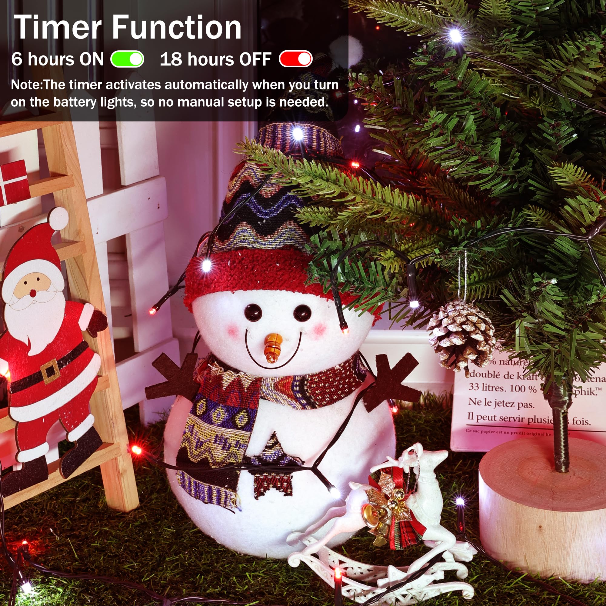 Lomotech Battery Operated Christmas Lights - 4 Pack Total 66Ft 200Leds String Lights 8 Modes Waterproof With Timer For Home  Garden  Party  Holiday  Tree Decoration (Green Wire  Red & White)