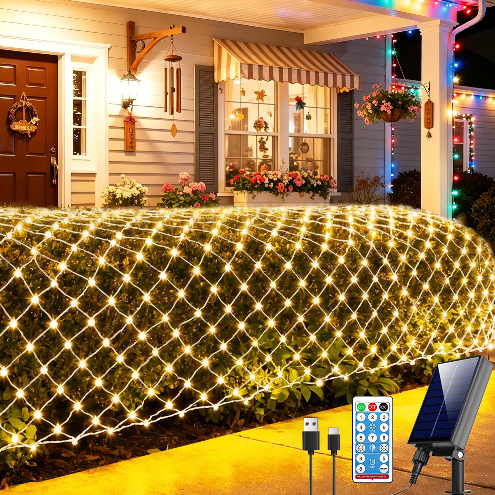 Pooqla Solar Net Lights, 11.5x5ft 240LED Christmas Net Lights Outdoor with 8 Modes, Solar & USB Powered Waterproof Green Wire Ne