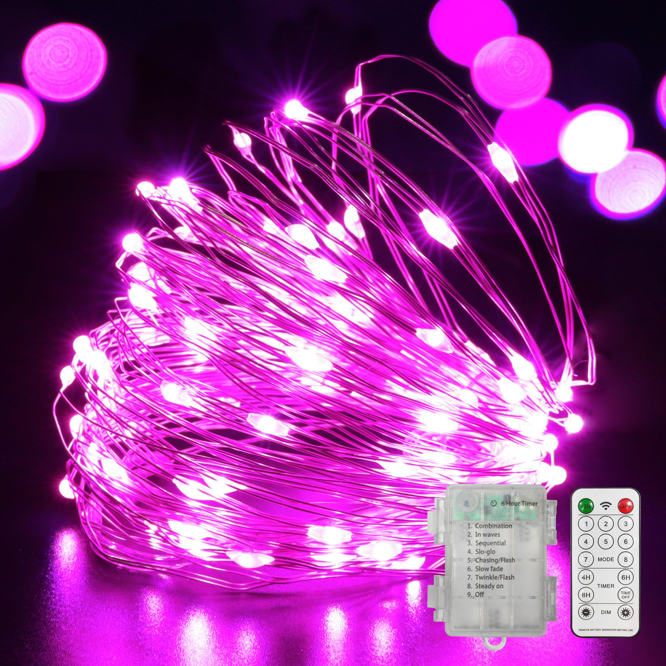 LAMPHOME 100 LED Pink Valentine Lights, Valentines Day Fairy Lights Battery Operated, Silver Wire Twinkle String Light Multi Fu