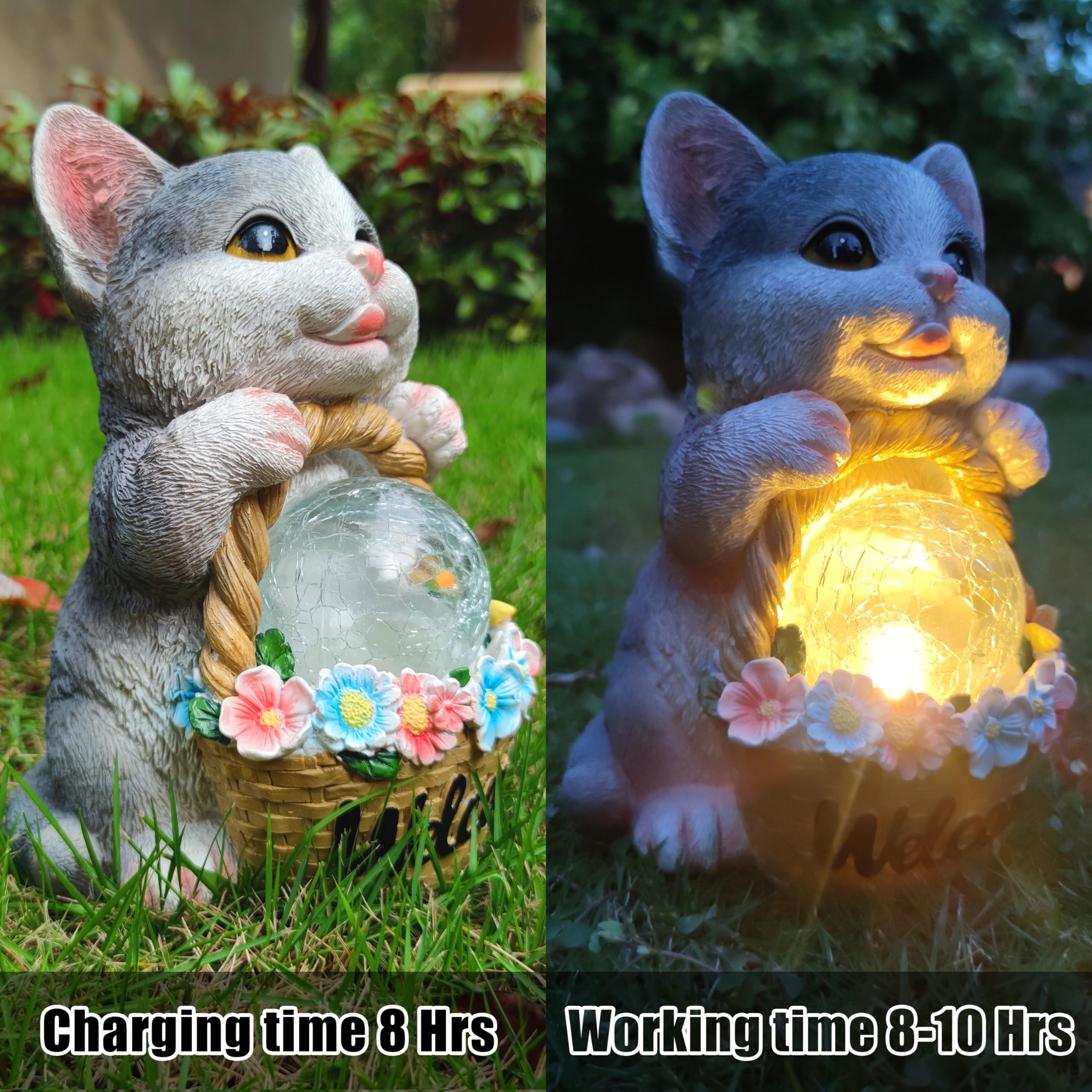 Rctticuu Solar Cat Garden Outdoor Statues Resin Cat Figurine Carrying Flower Basket And Magic Orb With Solar Led Lights  Lawn Decor Outdoor Statue For Patio  Balcony  Yard Ornament Gifts For Mom