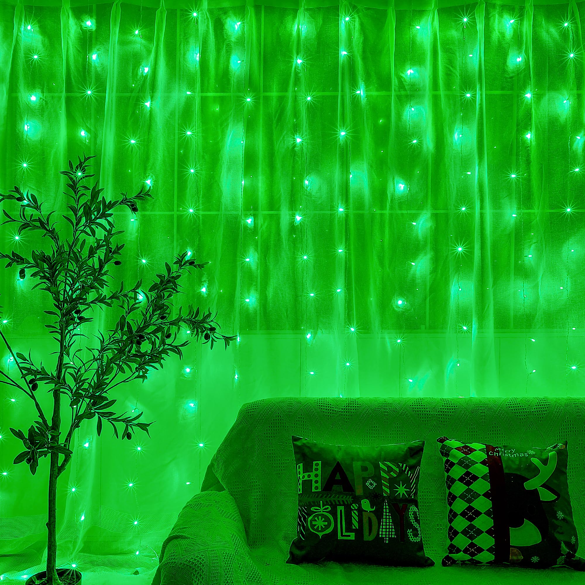 oopswow 304 LED Curtain Lights, Green Fairy String Lights with 8 Modes for Outdoor, Wedding, Christmas, Bedroom Decor, Model QX-U-O-C-304-1-G-C