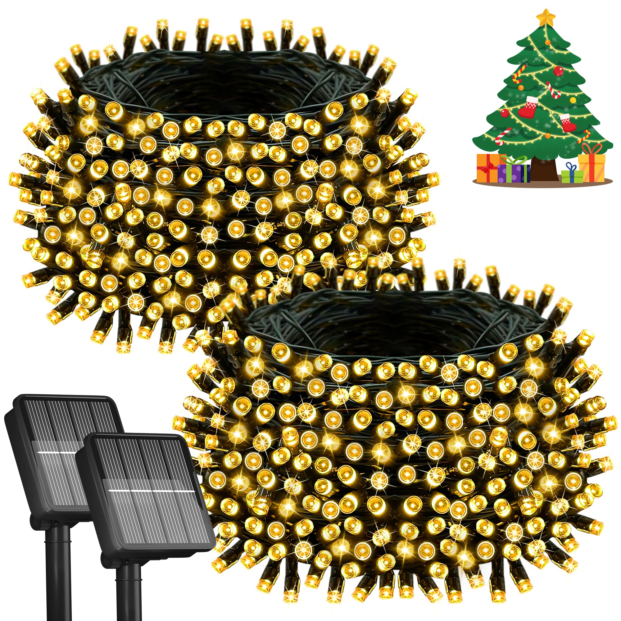 Selarlyt 2 Pack Solar Christmas Lights Outdoor, 72FT 200 LED Solar String Lights for Outside with 8 Lighting Modes, IP65 Waterproof Solar String Lights Outdoor for Garden Party Tree Decor,Warm White
