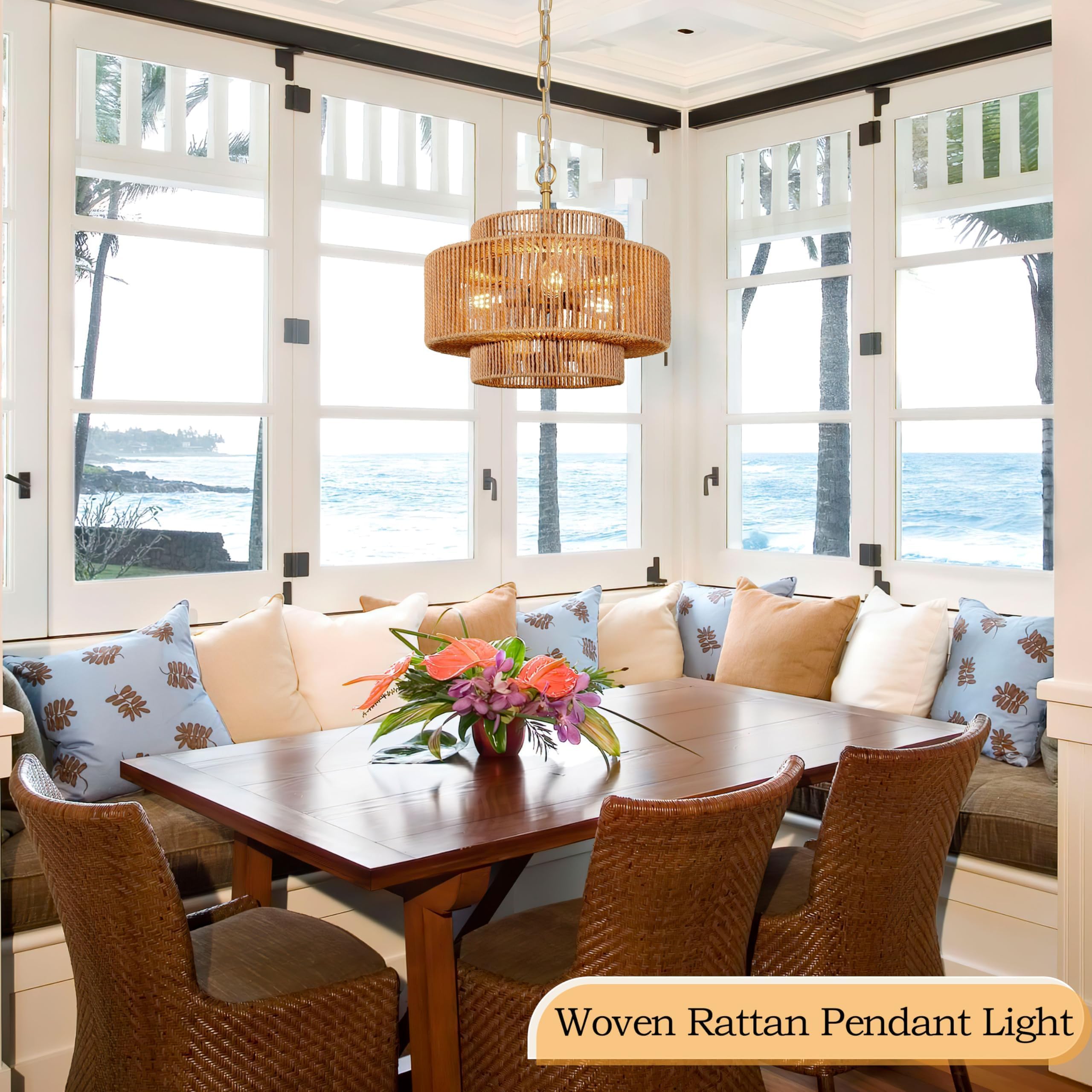 Bagood 18''Rattan Pendant Light Gold Woven Pendant Light 3-Light Boho Chandelier Light Fixture 3-Tier Wicker Pendant Light Rusti