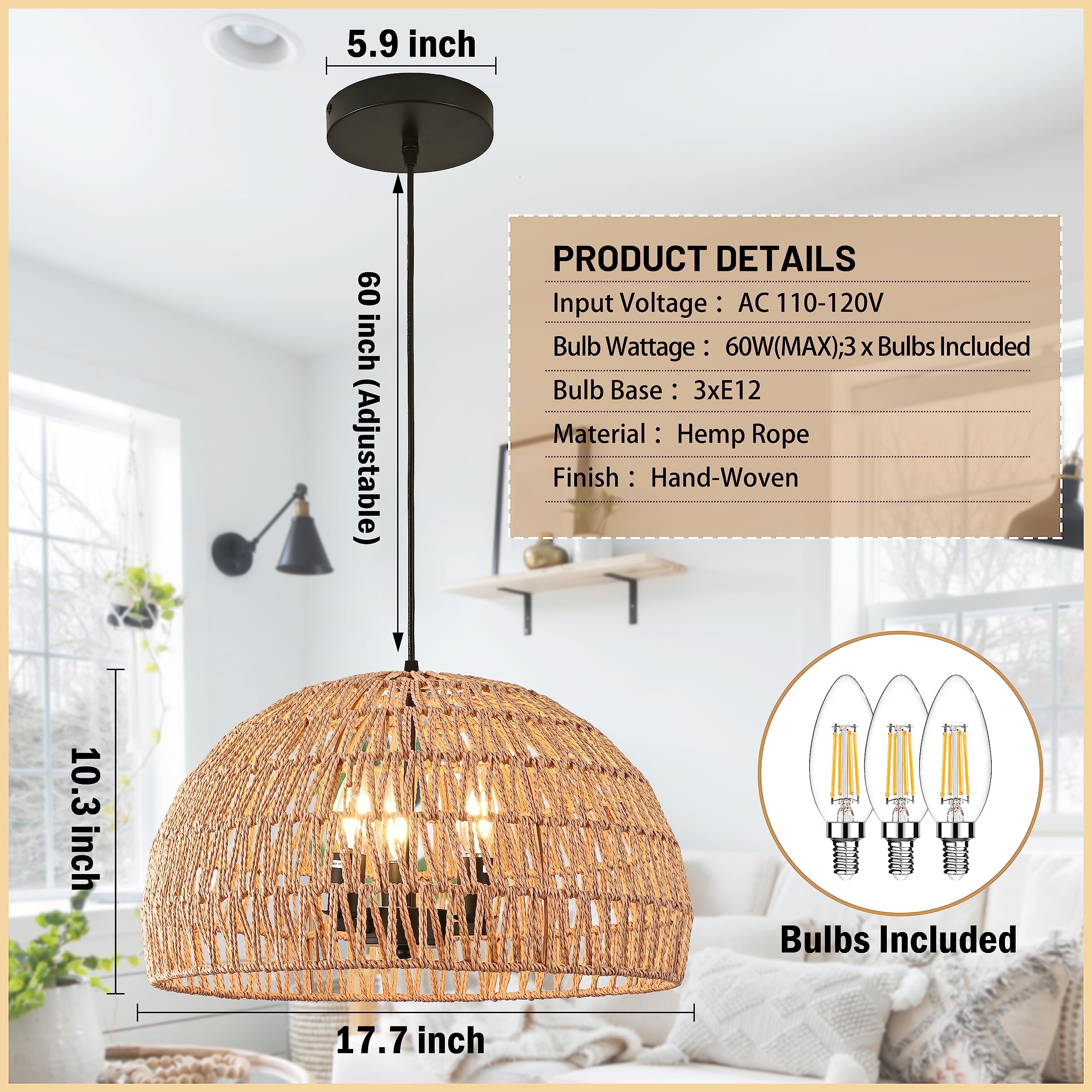 Ayshwilldec 17.6&quot; Hemp Rope Woven Pendant Light - 3-Light Boho Rattan Chandelier For Dining Room