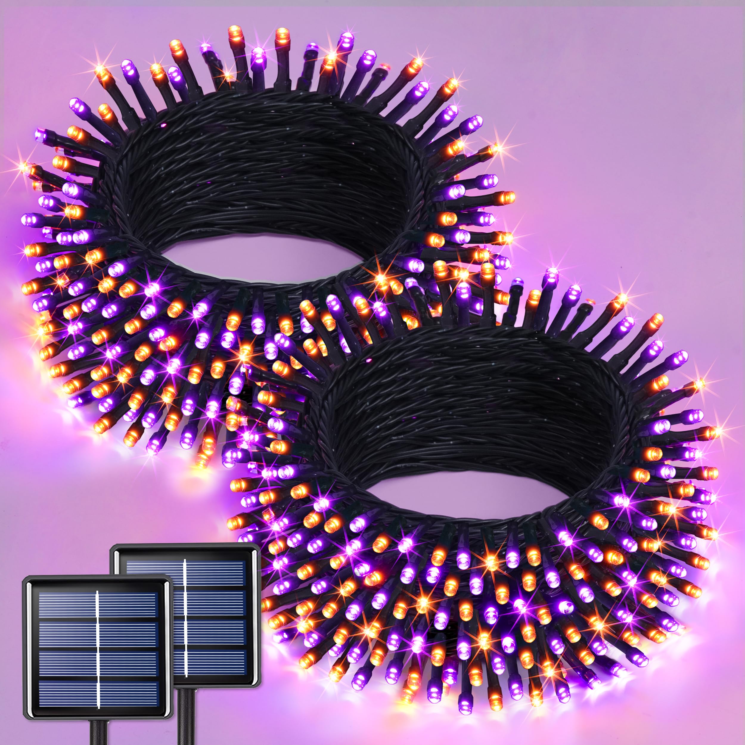 JMEXSUSS Solar Halloween Lights, 400 LED, 2 Pack, Waterproof, 8 Modes, Orange & Purple