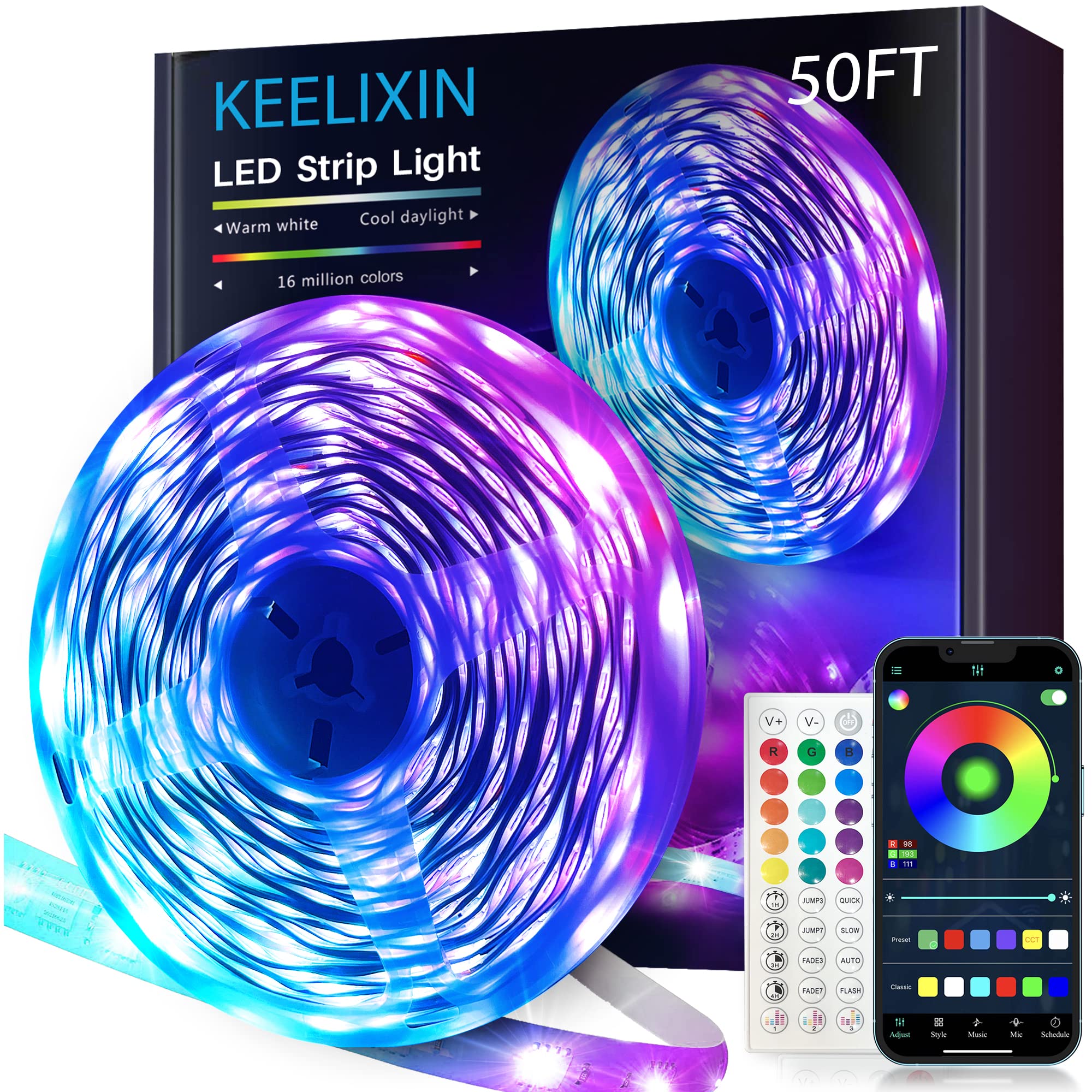 KEELIXIN 50ft LED Strip Lights,Led Lights for Bedroom,LED Light Strip,LED Lights Sync with Music,RGB LED Strip Lights with IR Re