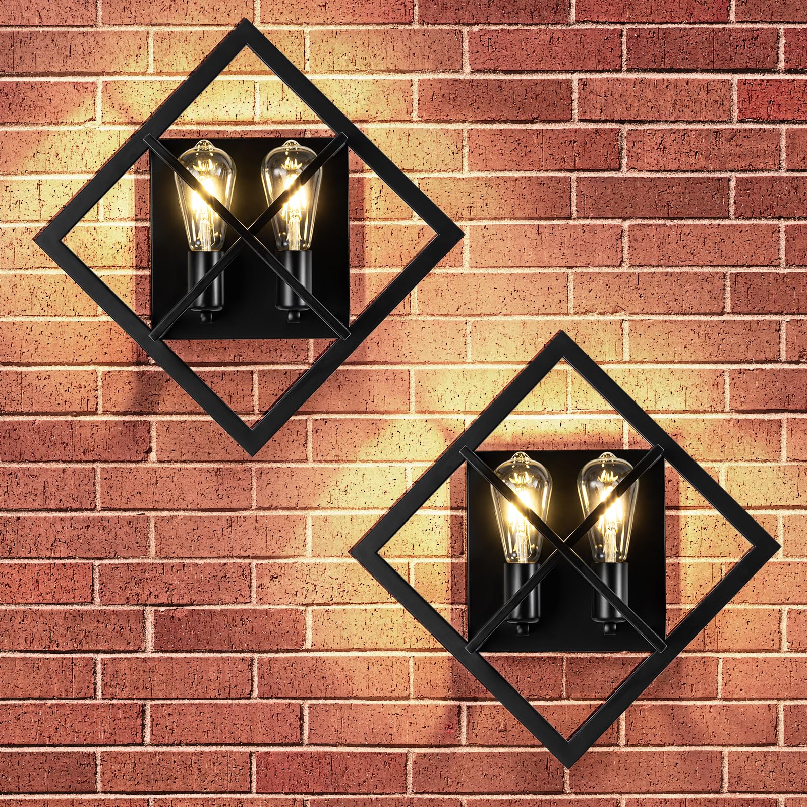 Fengkedu 2 Light Farmhouse Wall Sconces Set Of Two Black Metal Wall Light With Square Cage Hardwired Wall Mount Lamp For Bedroom