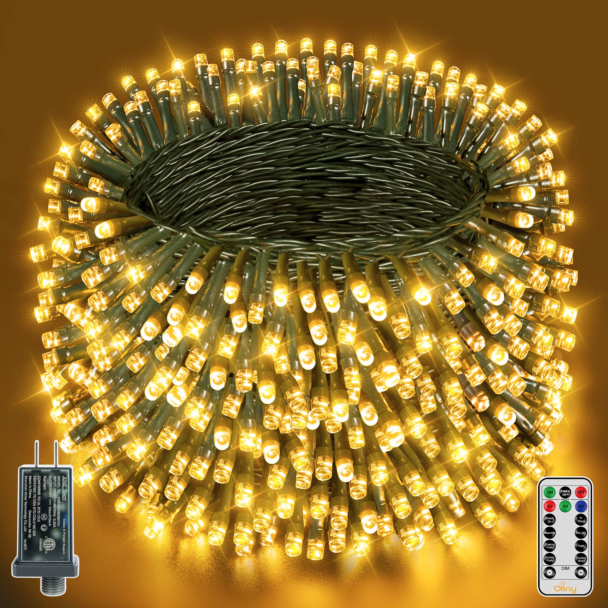 Ollny Christmas Lights 1000 LED 328FT Outdoor Warm White IP44 Waterproof with Remote Timer - Model NYA1000A