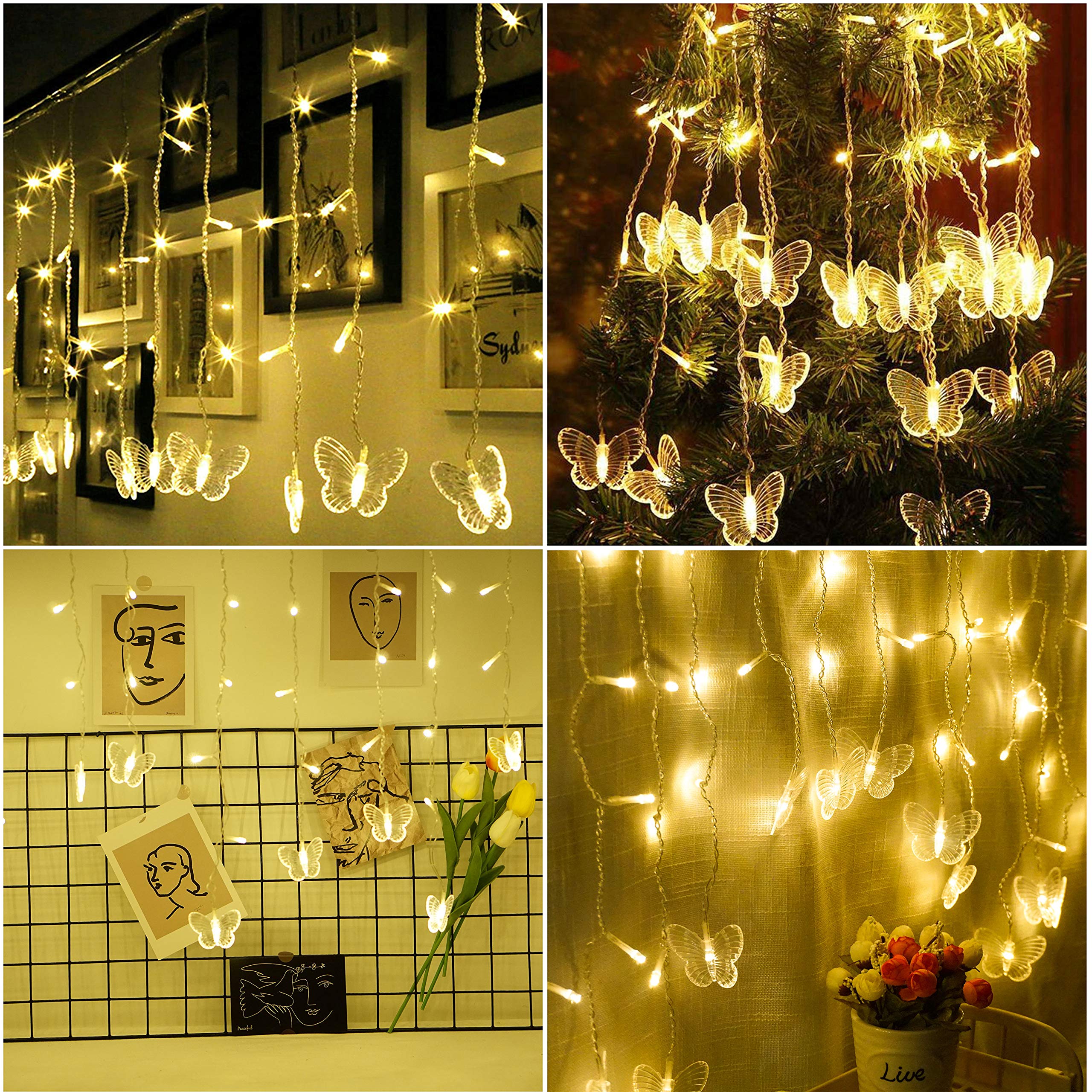Starrymine 20Ft Curtain Butterfly String Lights, 120Led Usb Fairy Lights, Warm White, 8 Modes