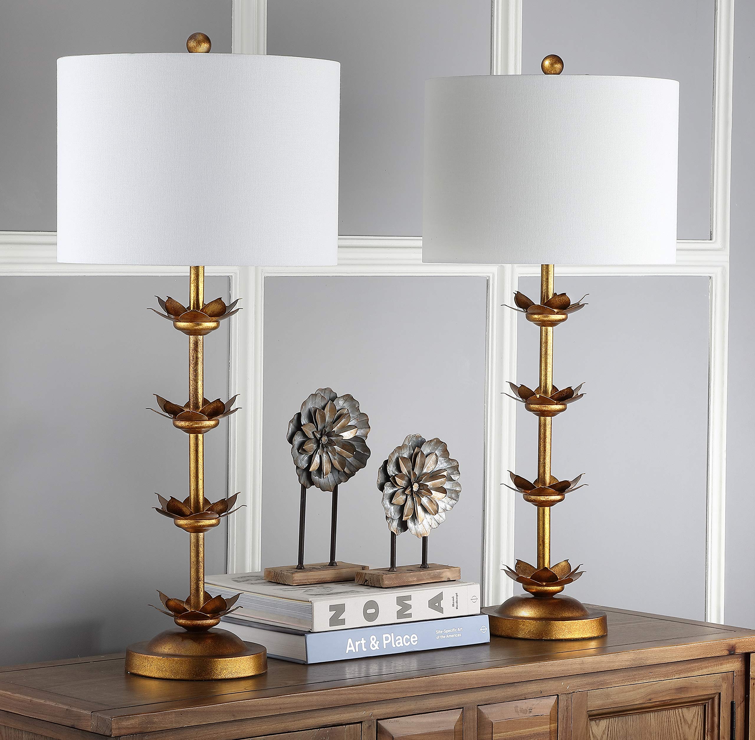 Safavieh Lani Antique Gold Leaf Table Lamp Set of 2, 32 Inch, White, Metal, LED Bulbs Included, Model TBL4016A-SET2