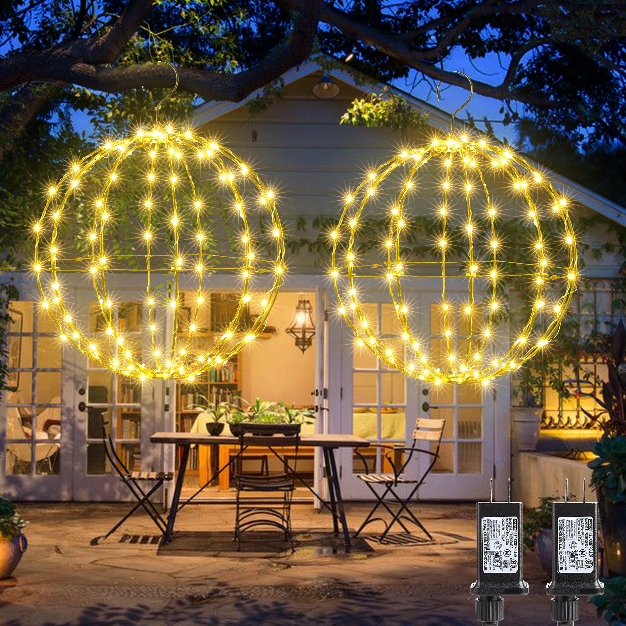 Joomer 2 Pack Christmas Ball Lights, 12IN 120 LED Foldable Metal Sphere Lights, Connectable Waterproof 8 Modes with Timer, Hangi