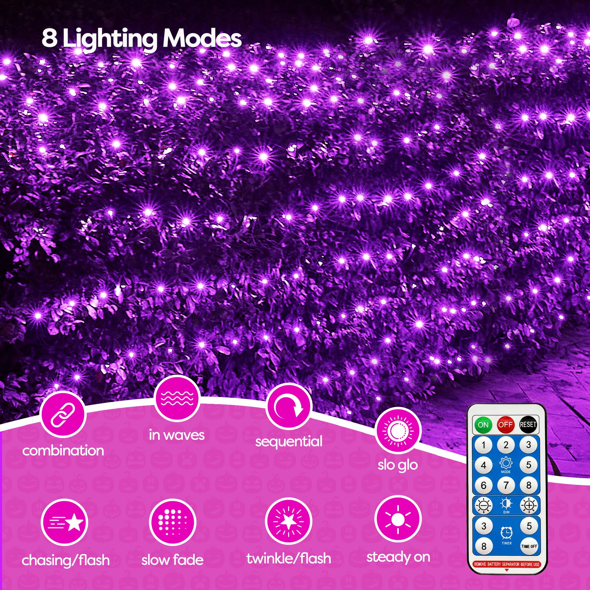 WBao Solar Halloween Lights, 200LED Net Lights, 8 Modes, Timer, IP65 Waterproof, Dark Green Wire, Purple, 8.4ft x 5.2ft