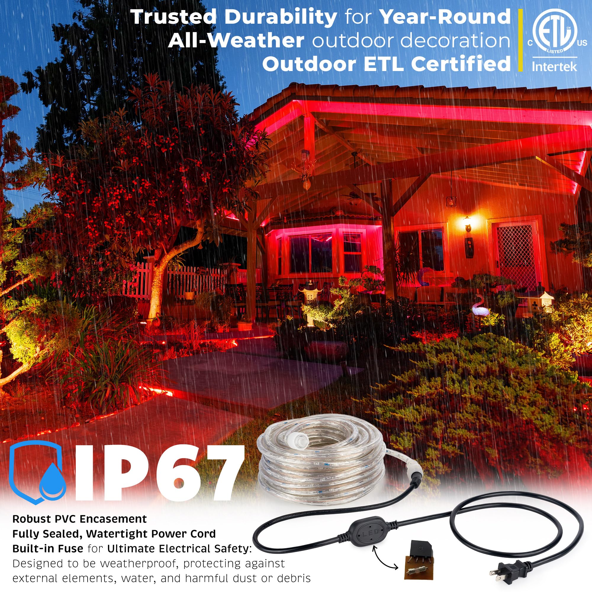 Wyzworks 3312Leds, 300Ft Led Rope Light, Connectable Waterproof Permanent Outdoor Clear Pvc Tube, Etl Certified, Christmas Trees Holiday Decorative Landscape Backyard Patio Accent Lighting - Red