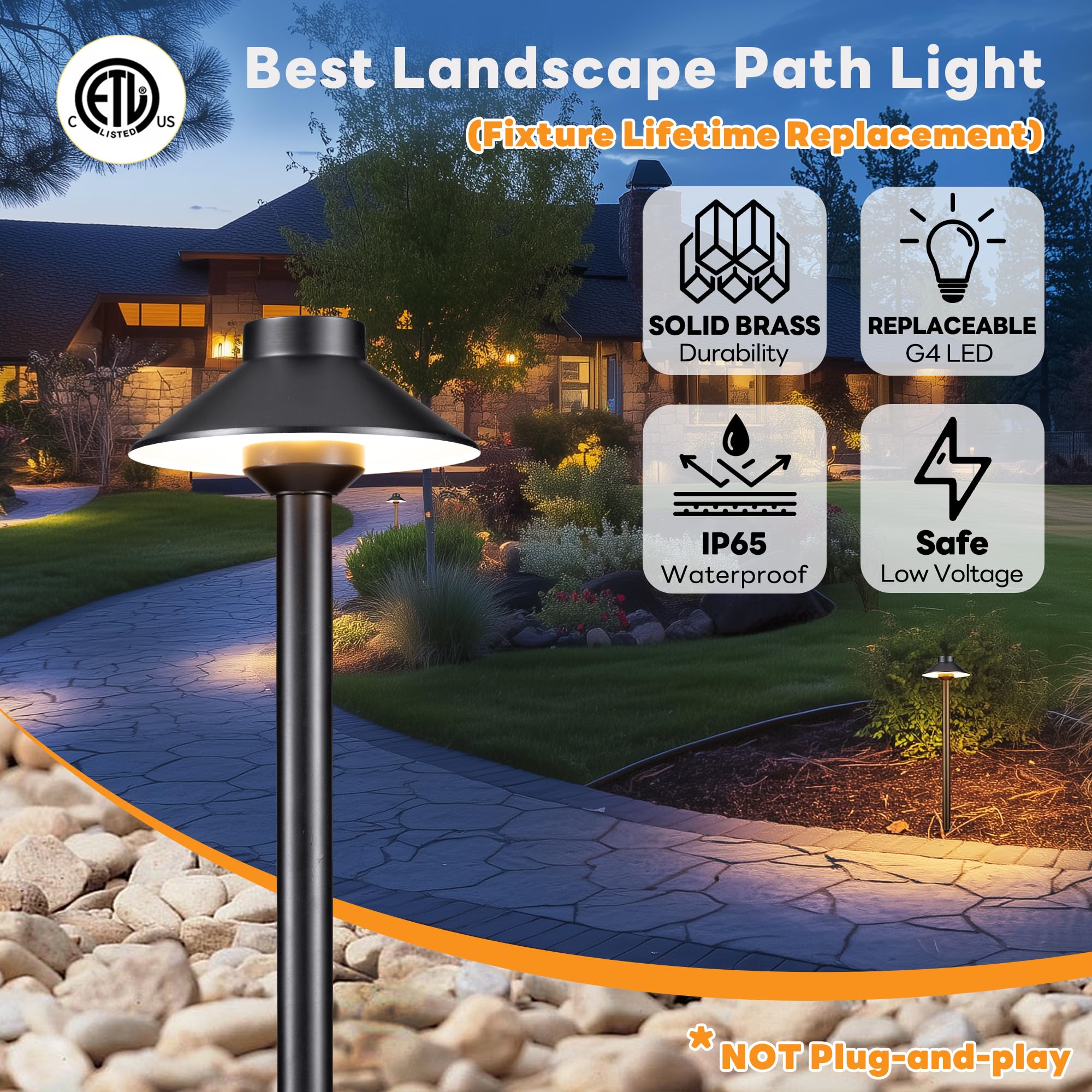 Gardenreet Outdoor Brass Pathway Lights - Black Low Voltage Landscape Path Lighting Wired, 12V Walkway Light Led Ip65 Waterproof